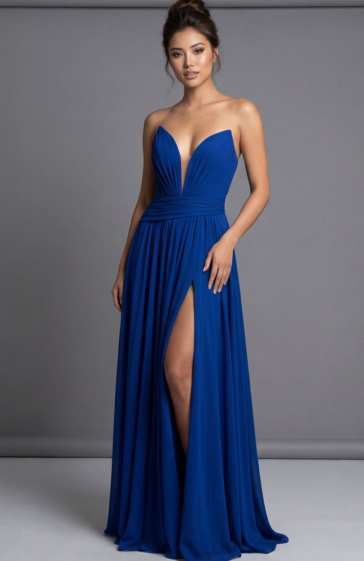 Jovani 44405 Deep V Neck Pleated Gown With High Slit
