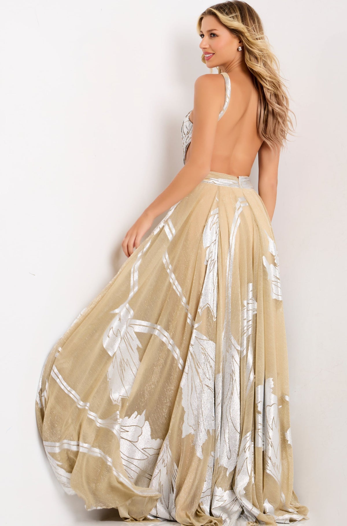 Jovani 44421 Elegant Halter A-Line Gown with Metallic Leaf Accents