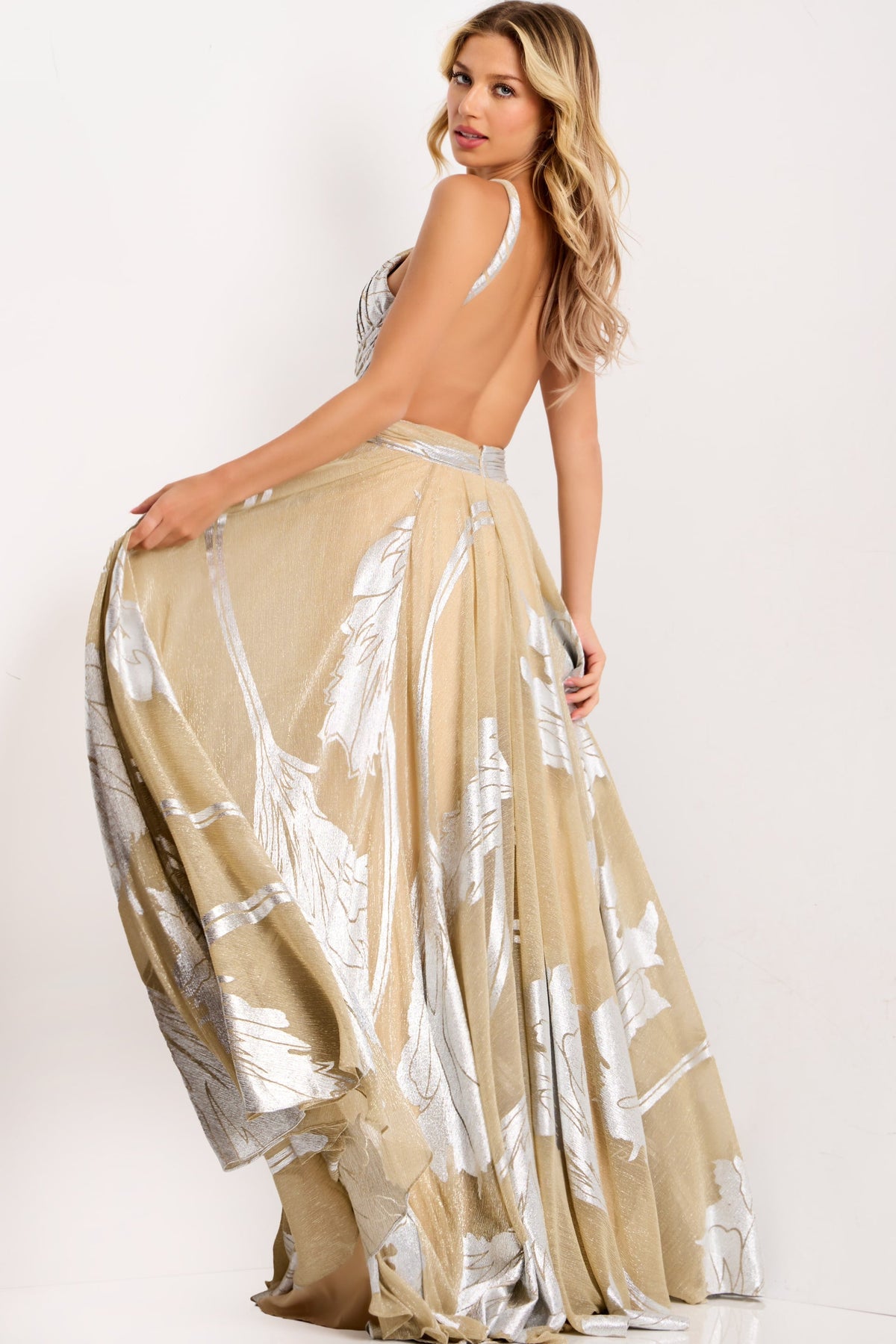 Jovani 44421 Elegant Halter A-Line Gown with Metallic Leaf Accents
