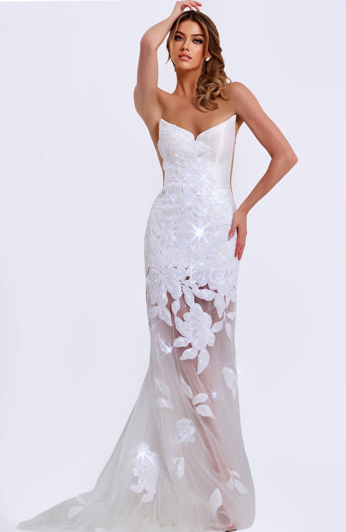 Jovani 44437 Strapless Floral Embroidered Sheer Prom Dress