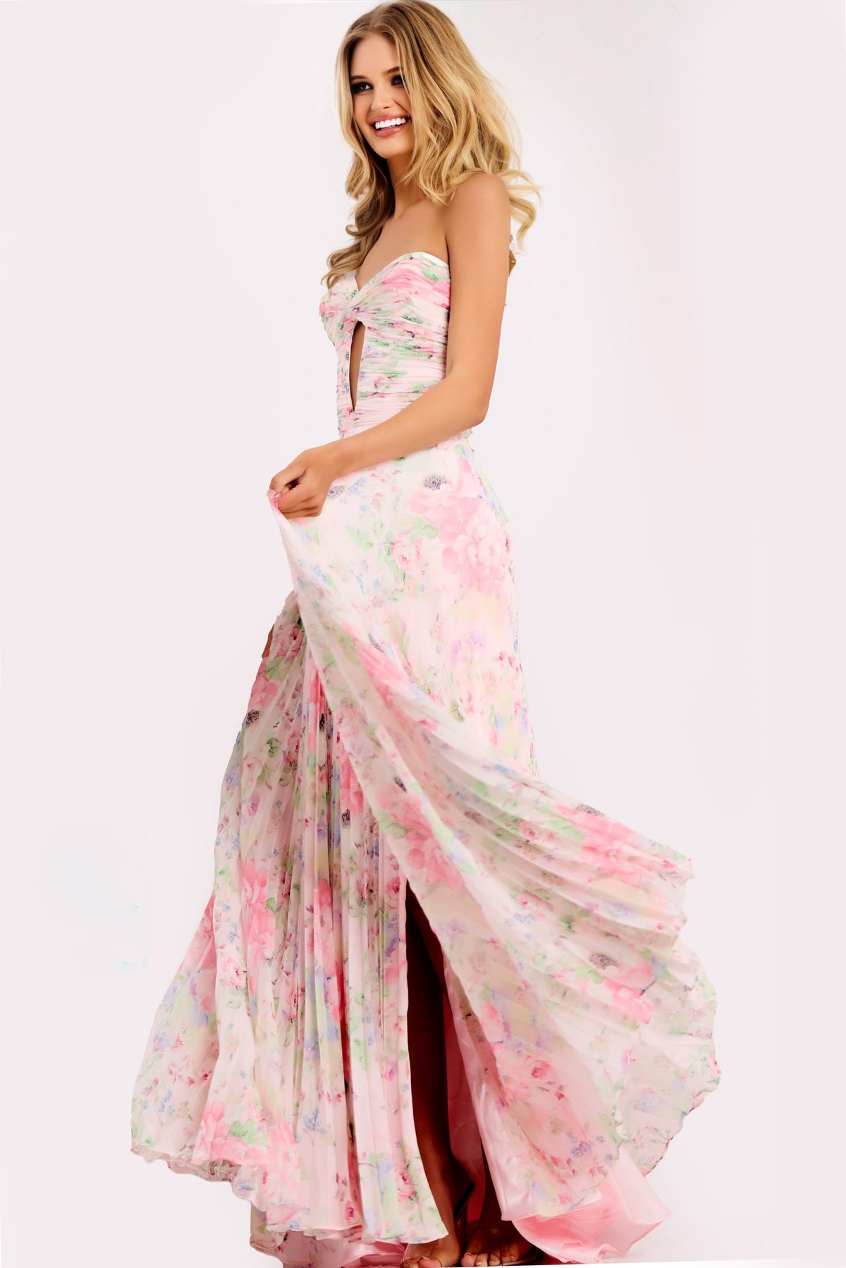 Jovani 44518 Floral Strapless Pleated Prom Dress