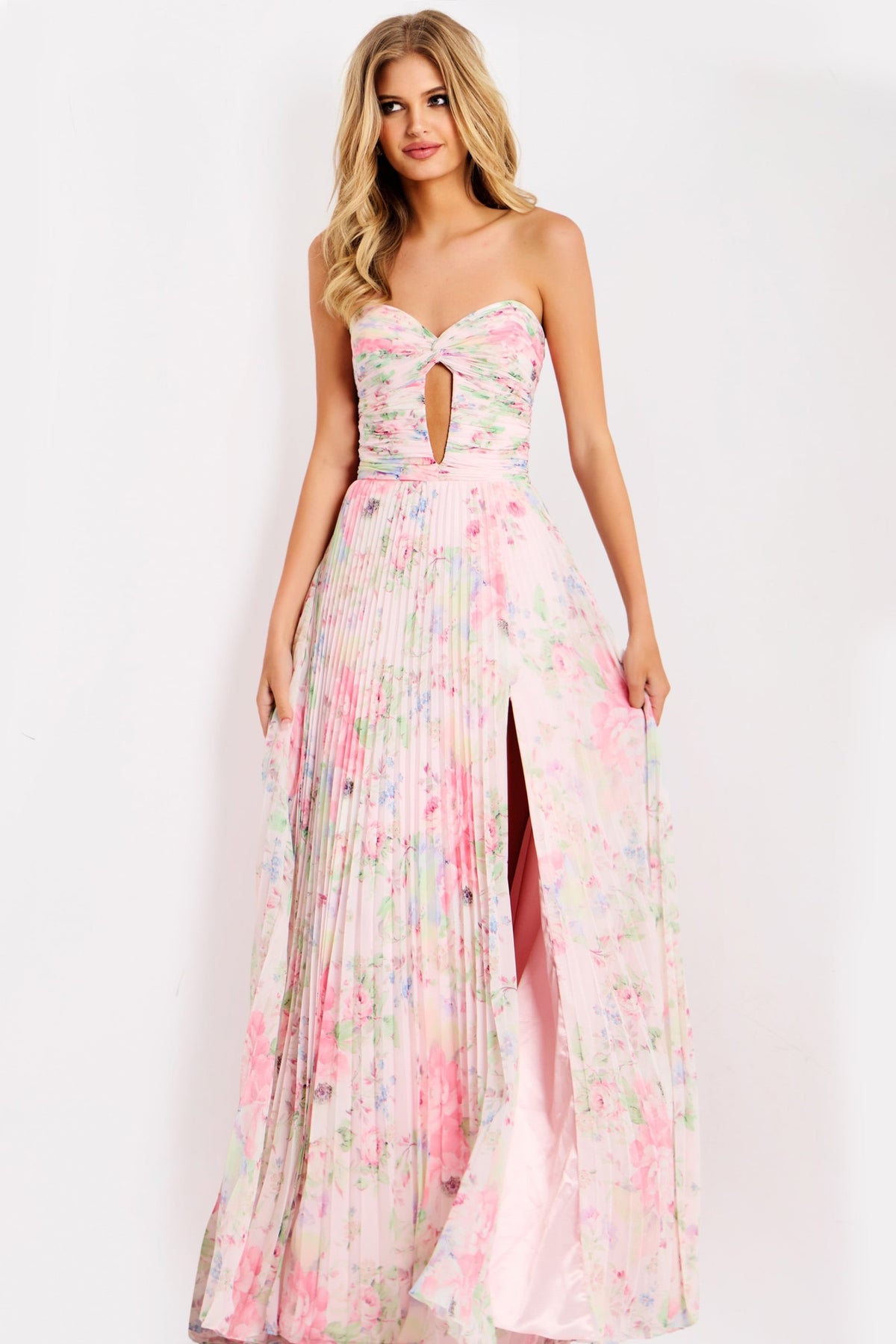 Jovani 44518 Floral Strapless Pleated Prom Dress