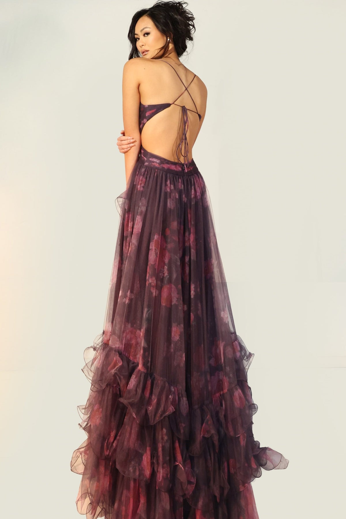 Jovani 45712 Floral Tulle Gown With Ruffled Skirt