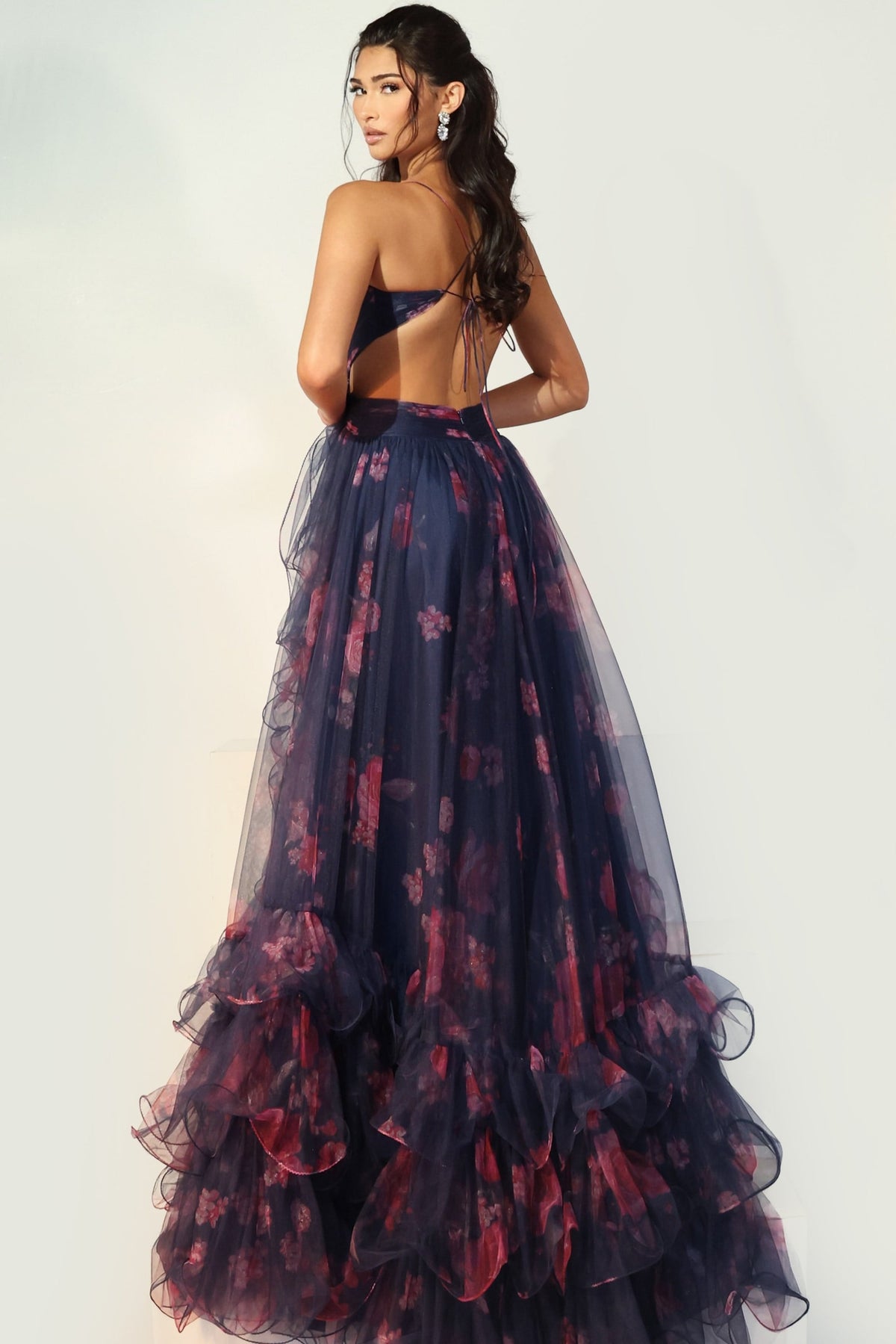 Jovani 45712 Floral Tulle Gown With Ruffled Skirt