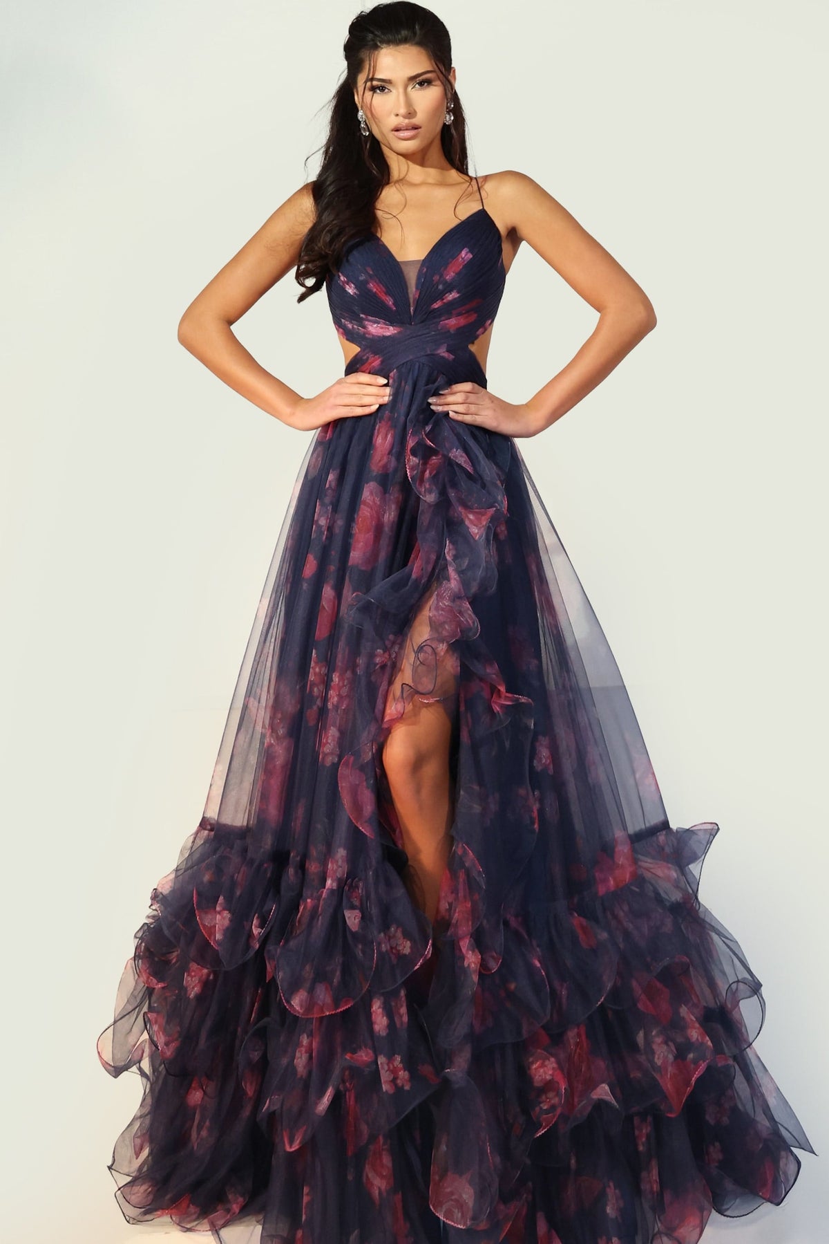 Jovani 45712 Floral Tulle Gown With Ruffled Skirt