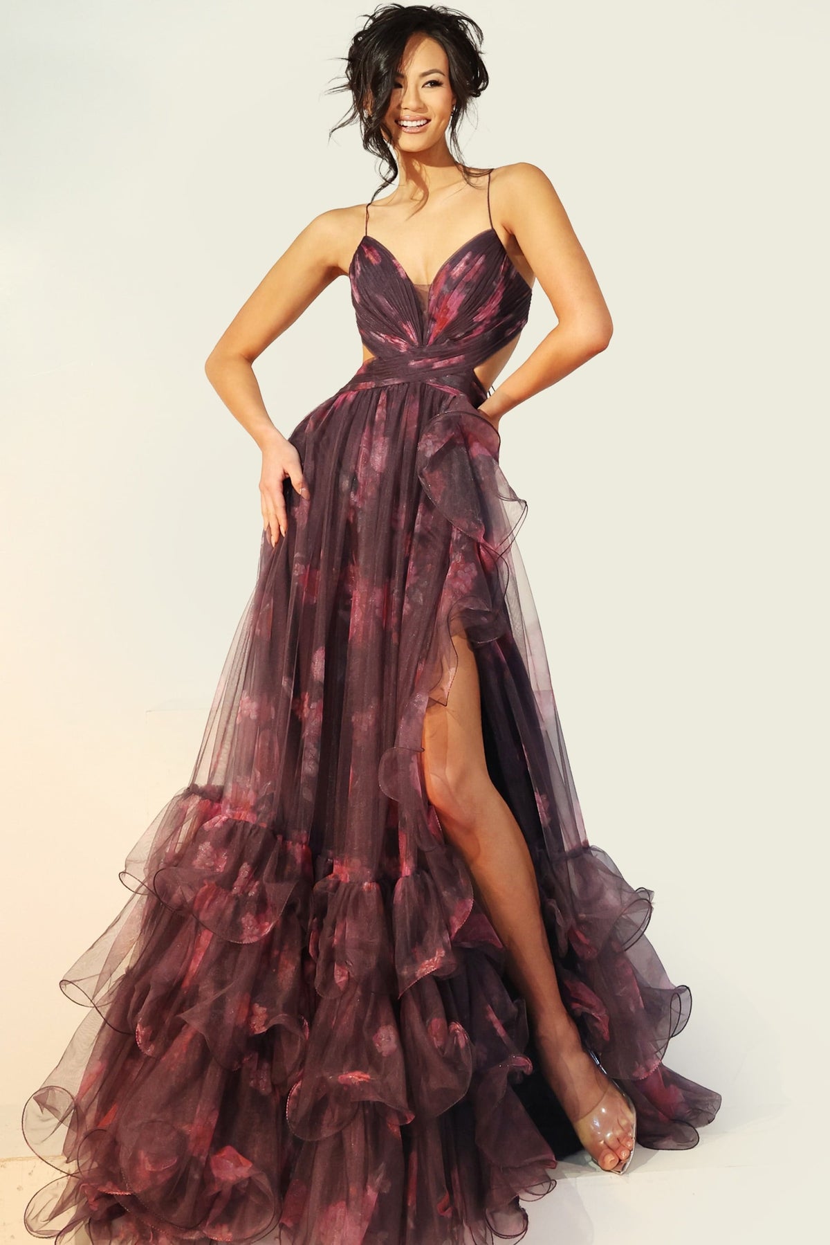 Jovani 45712 Floral Tulle Gown With Ruffled Skirt