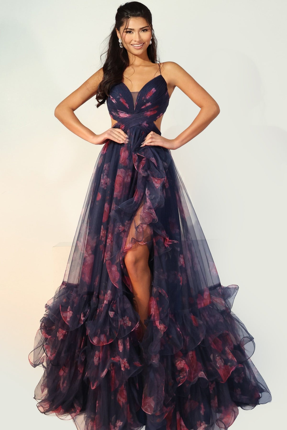 Jovani 45712 Floral Tulle Gown With Ruffled Skirt