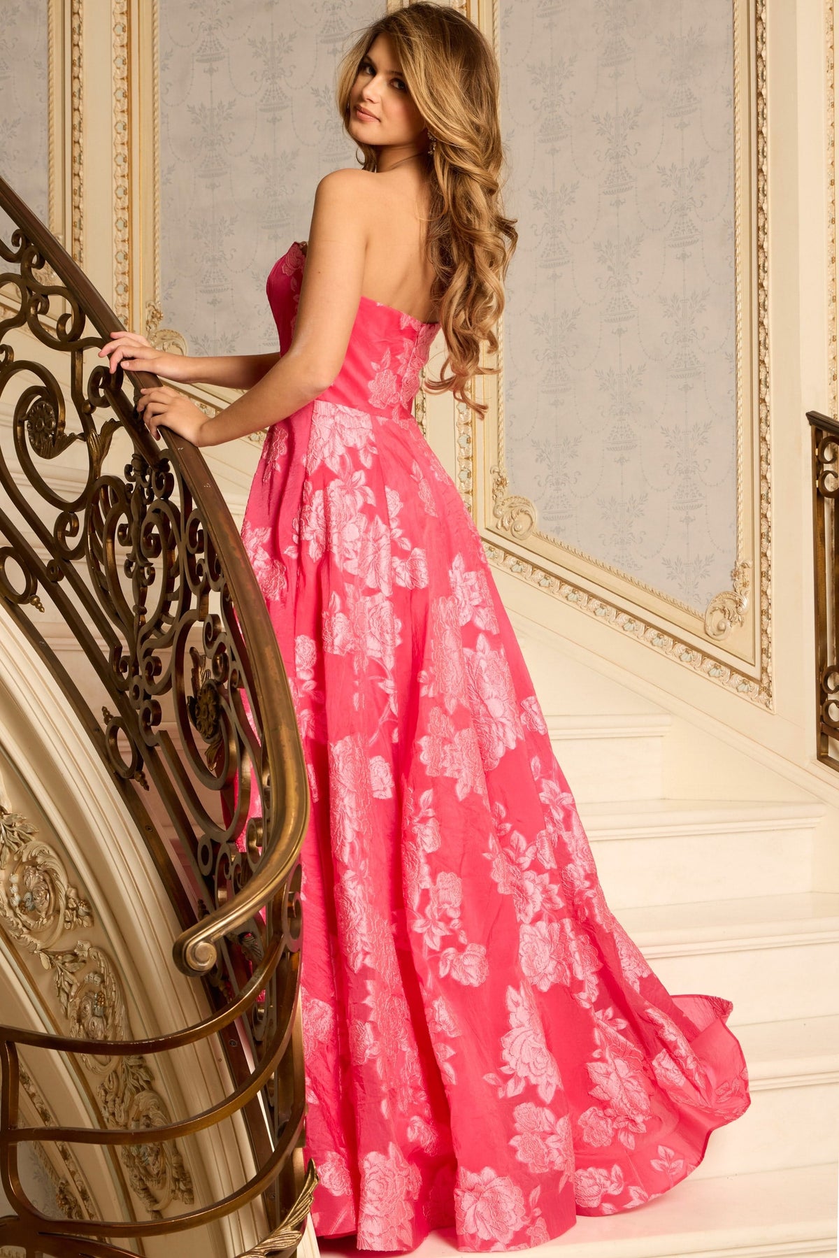 Jovani 45721 Strapless Jacquard Gown With Side Slit And Floral Design