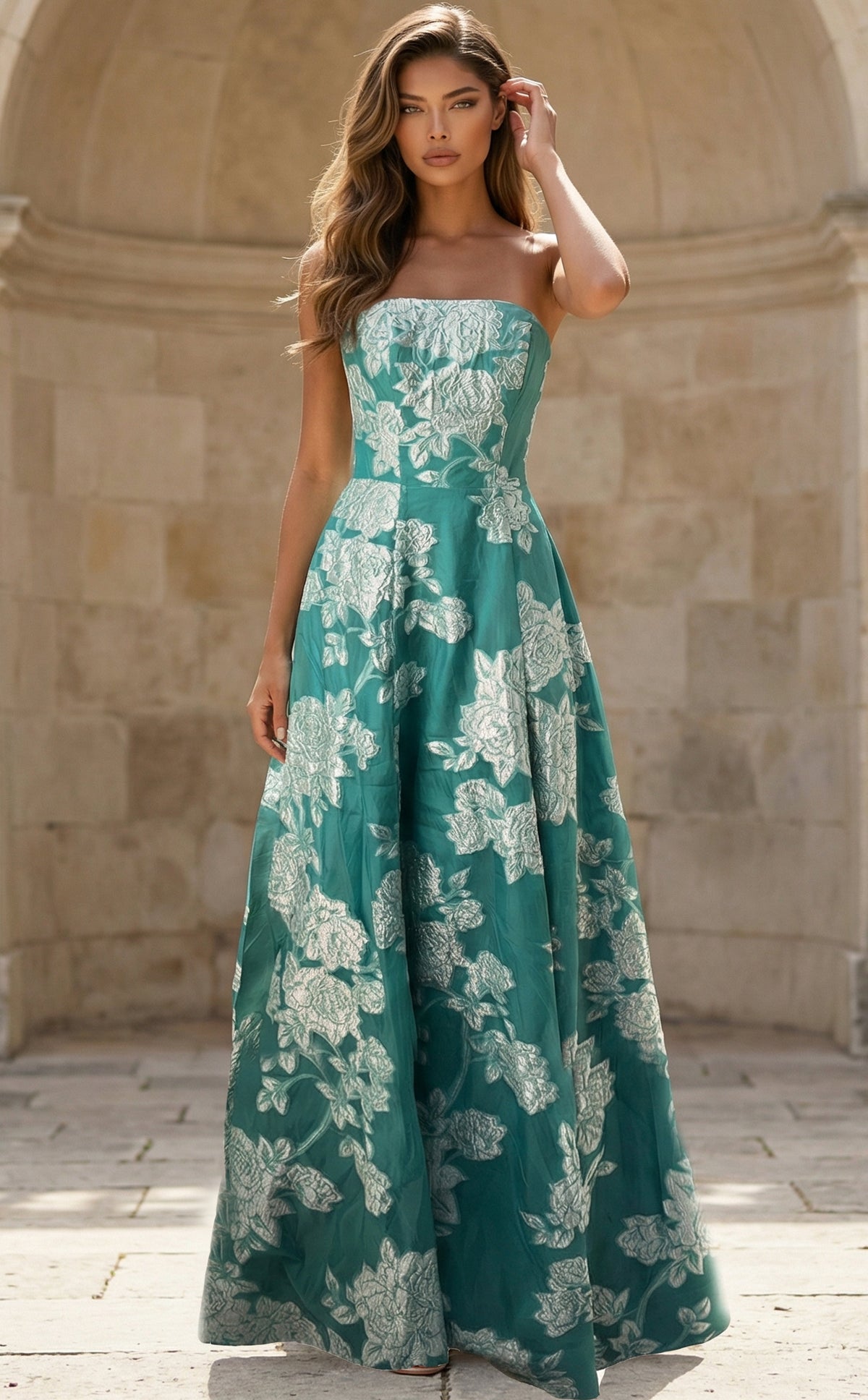 Jovani 45721 Strapless Jacquard Gown With Side Slit And Floral Design