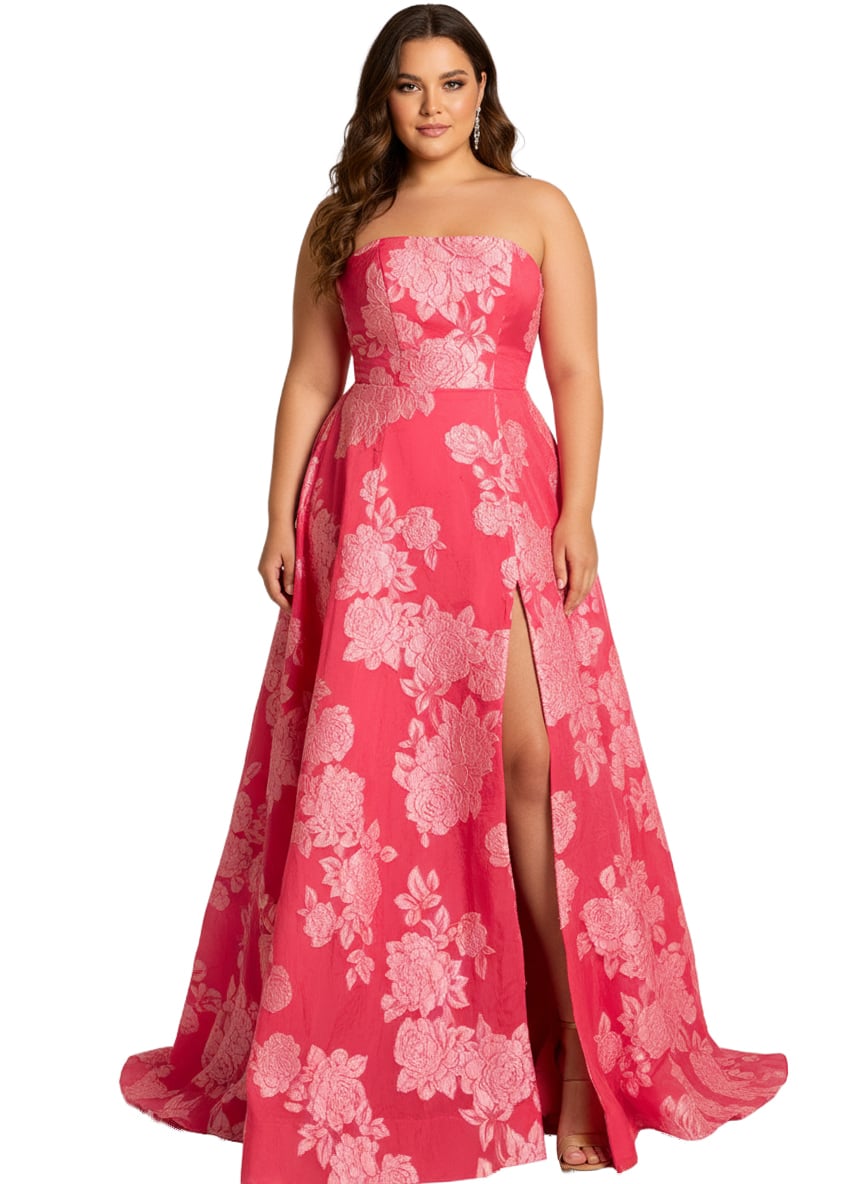 Jovani 45721 Strapless Jacquard Gown With Side Slit And Floral Design