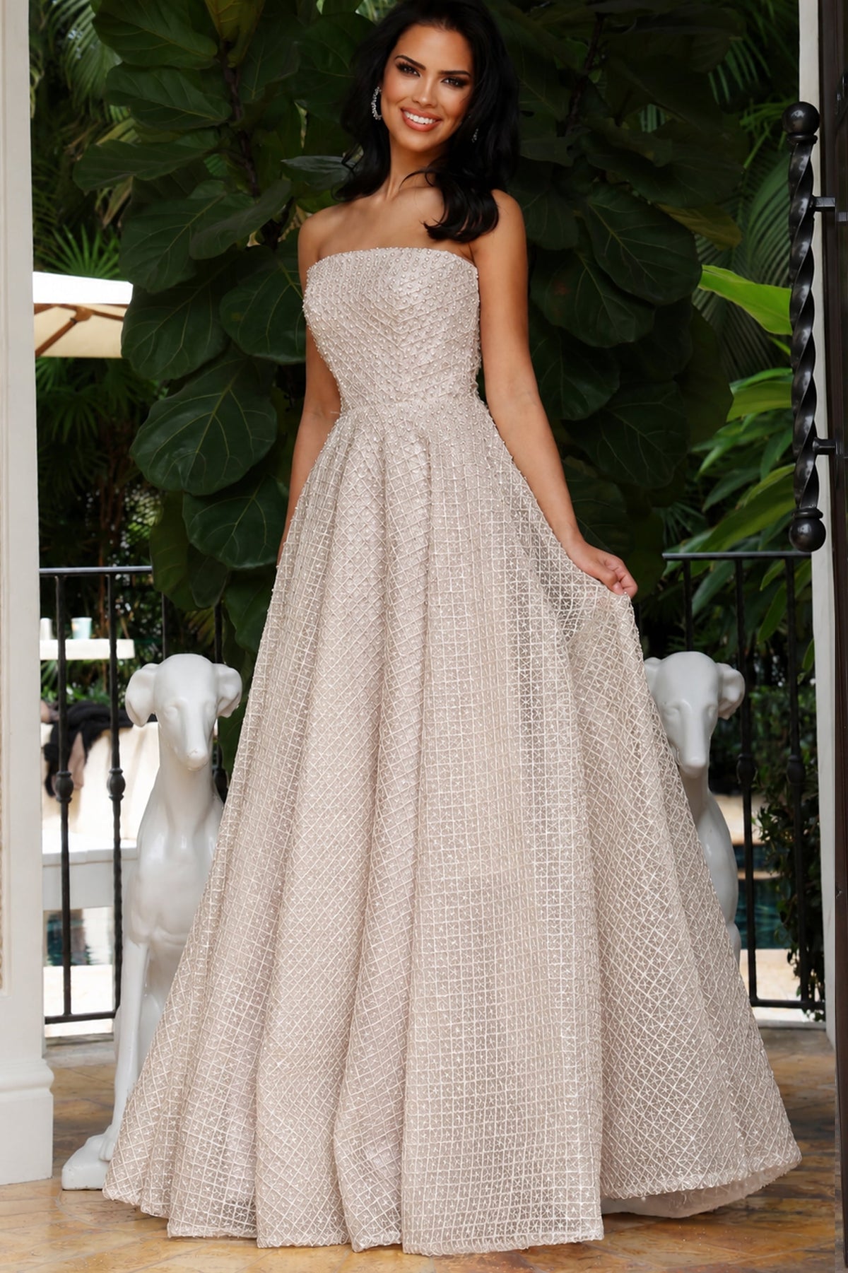 Jovani 45788 Strapless A-line gown featuring a textured grid pattern