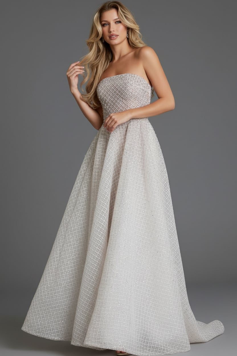 Jovani 45788 Strapless A-line gown featuring a textured grid pattern