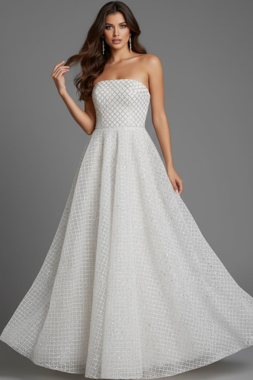 Jovani 45788 Strapless A-line gown featuring a textured grid pattern