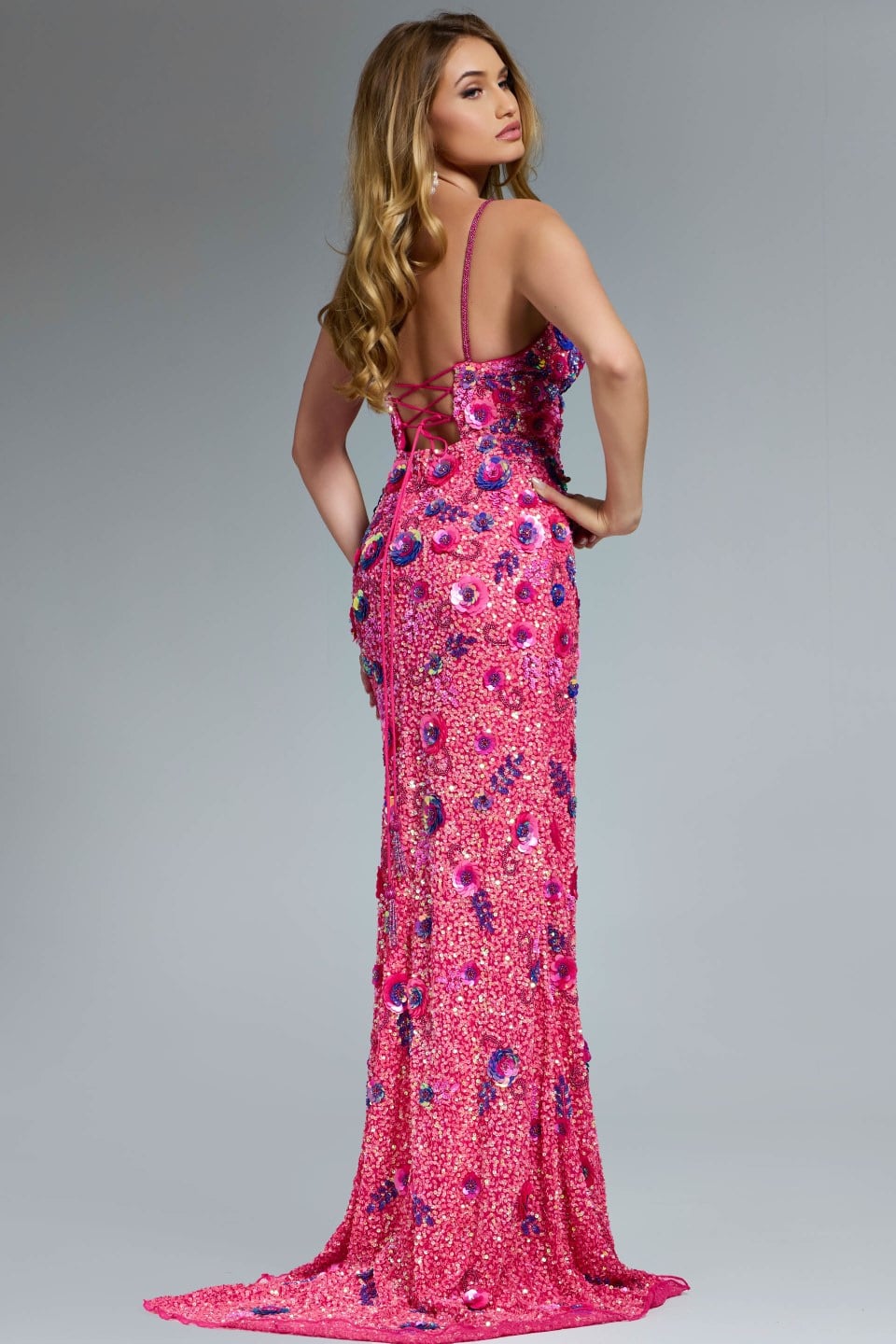 Jovani 46097 Sleeveless Gown with Plunging Neckline and Floral Embellishments