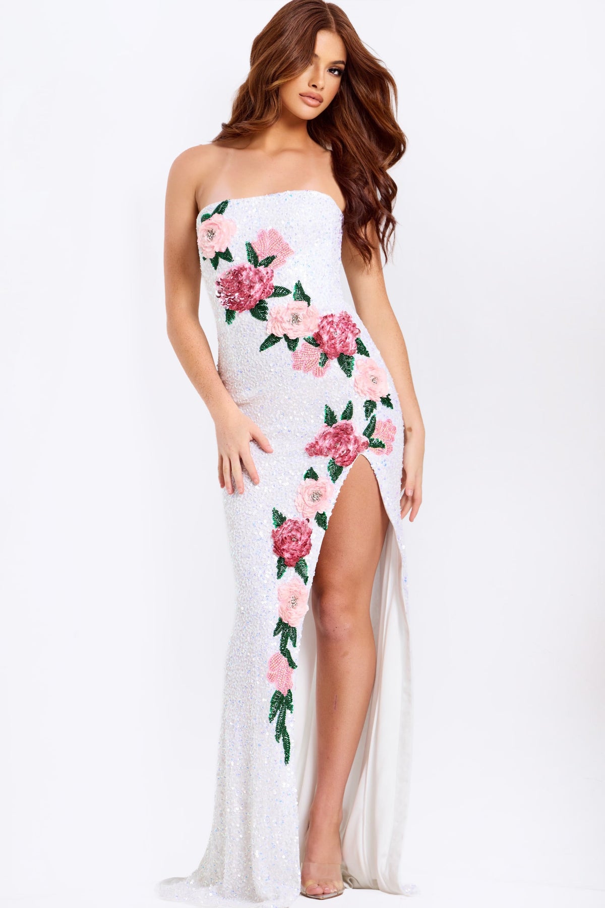 Jovani 46694 Strapless Sequin Floral Dress With Slit