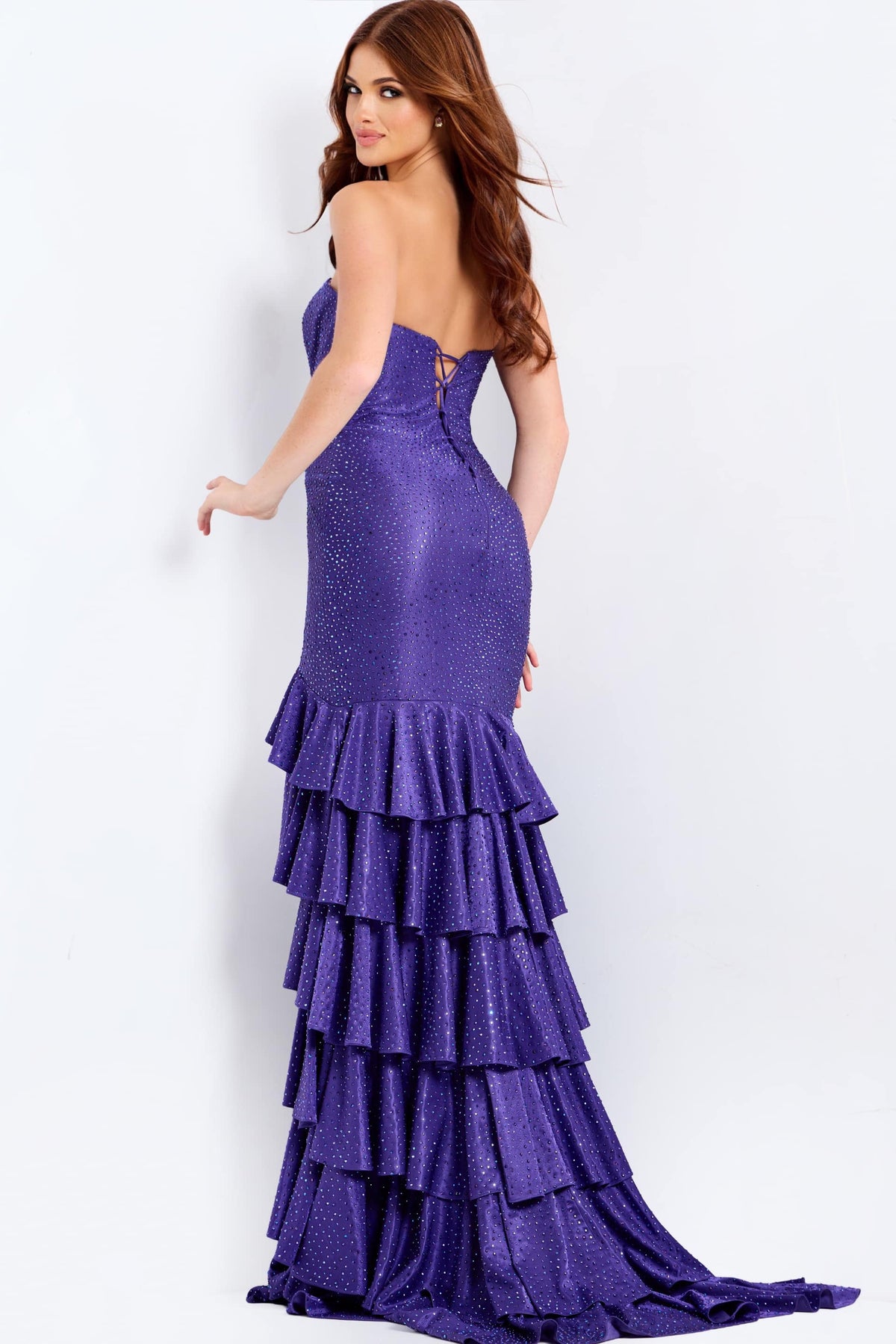 Jovani 46909 Strapless Purple Tiered Ruffle Prom Dress with Slit