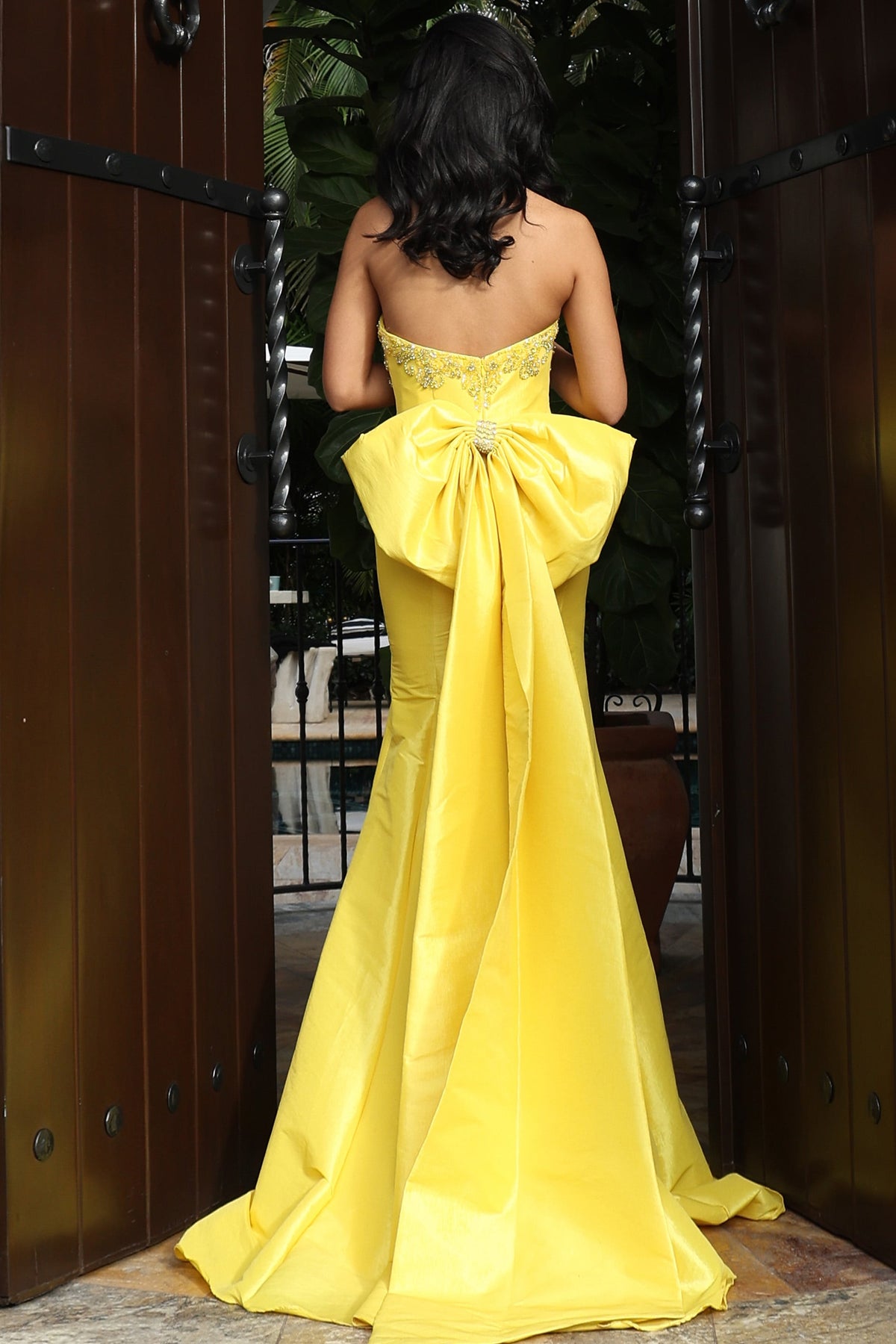 Jovani 46982 Strapless Beaded Column Gown With Statement Bow Back