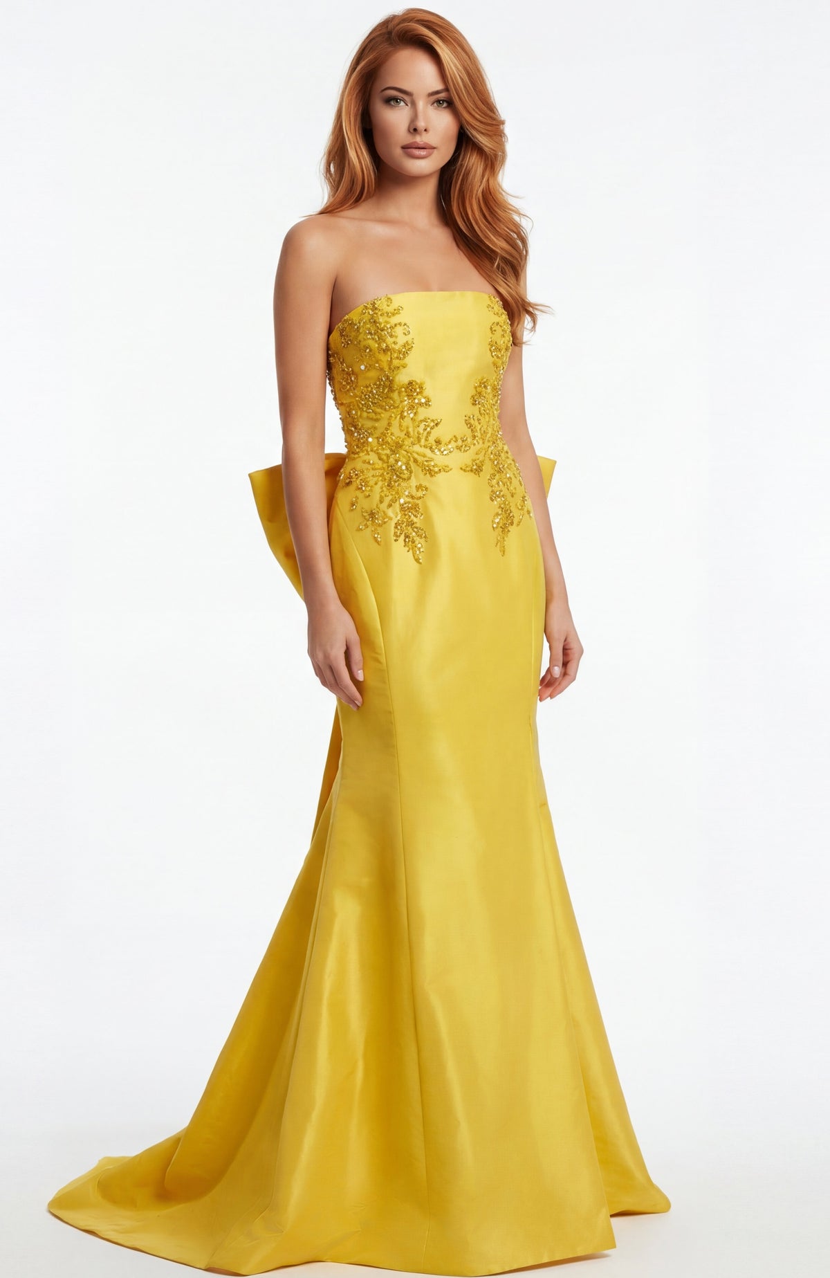 Jovani 46982 Strapless Beaded Column Gown With Statement Bow Back
