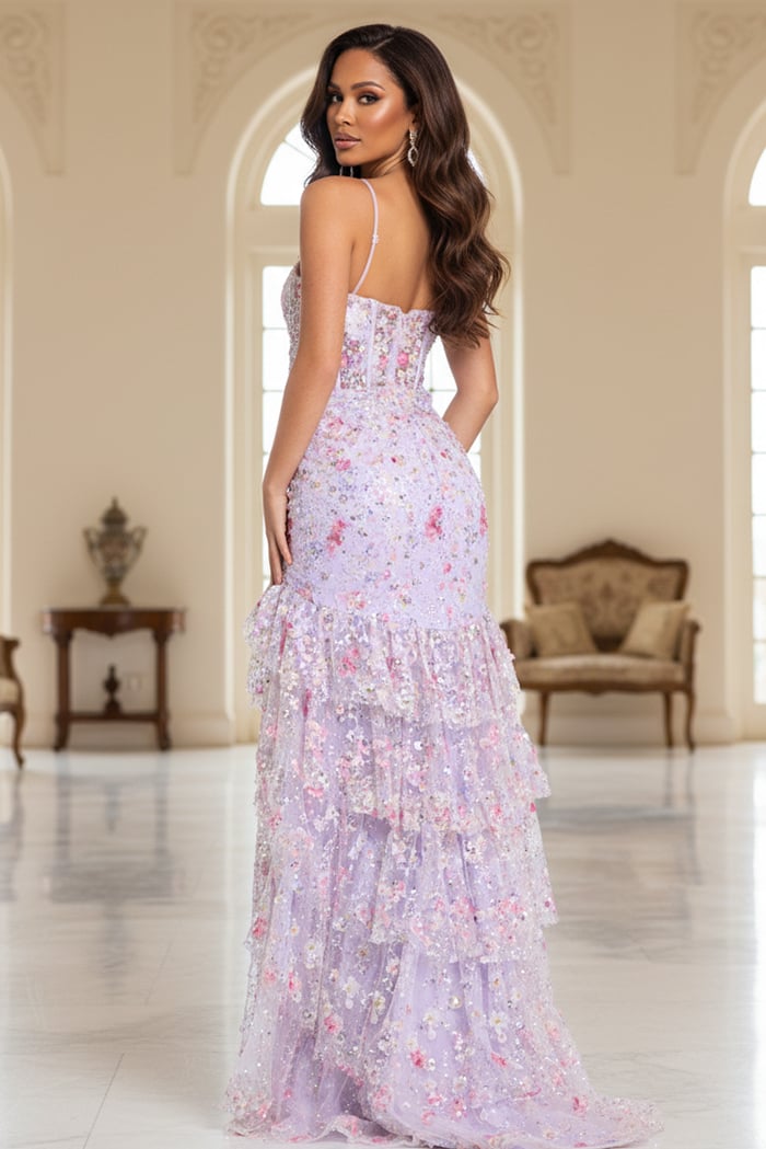 Jovani 47101 Floral Beaded Tiered Evening Gown With High Slit