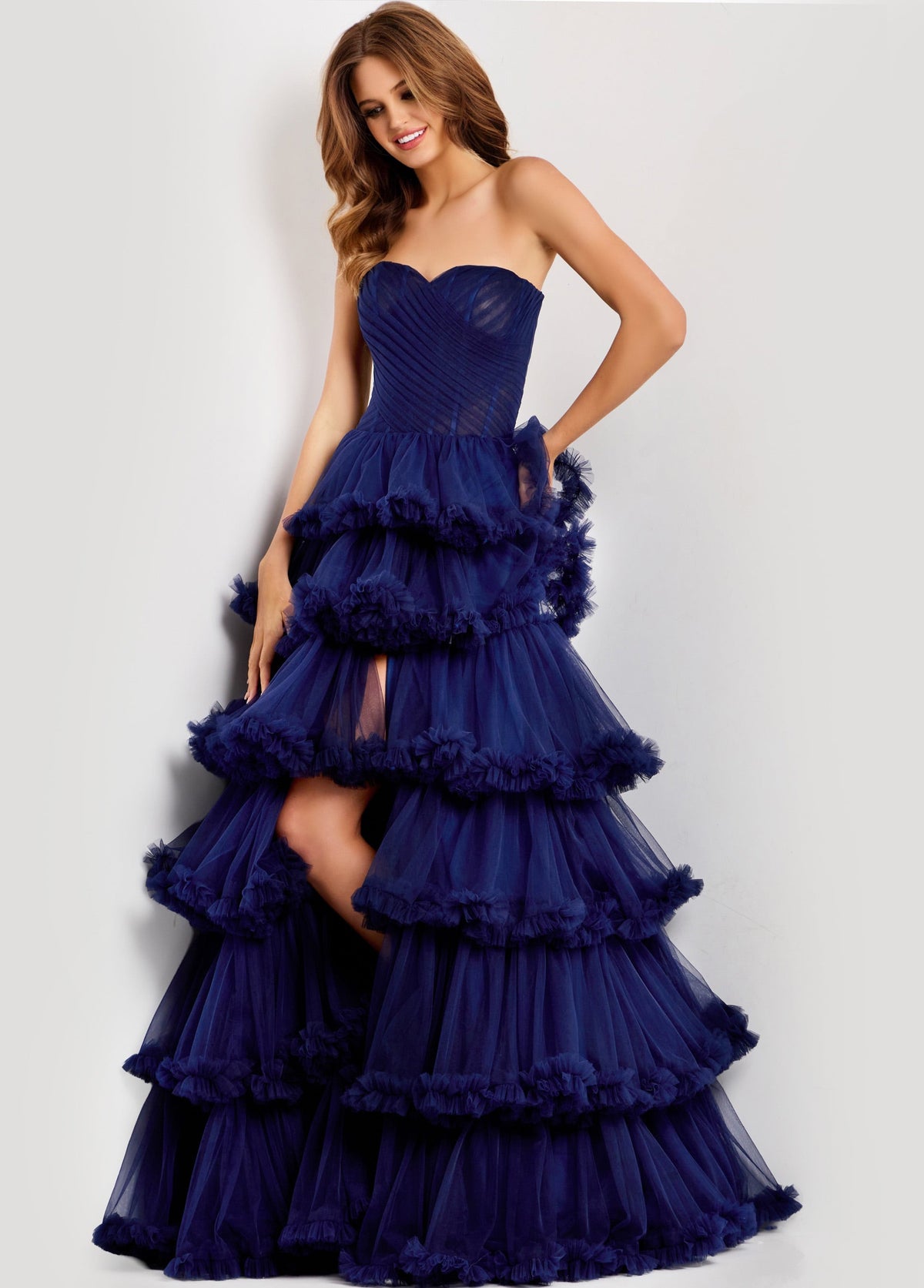 Jovani 47139 Strapless Tiered Ruffle Tulle Ball Gown