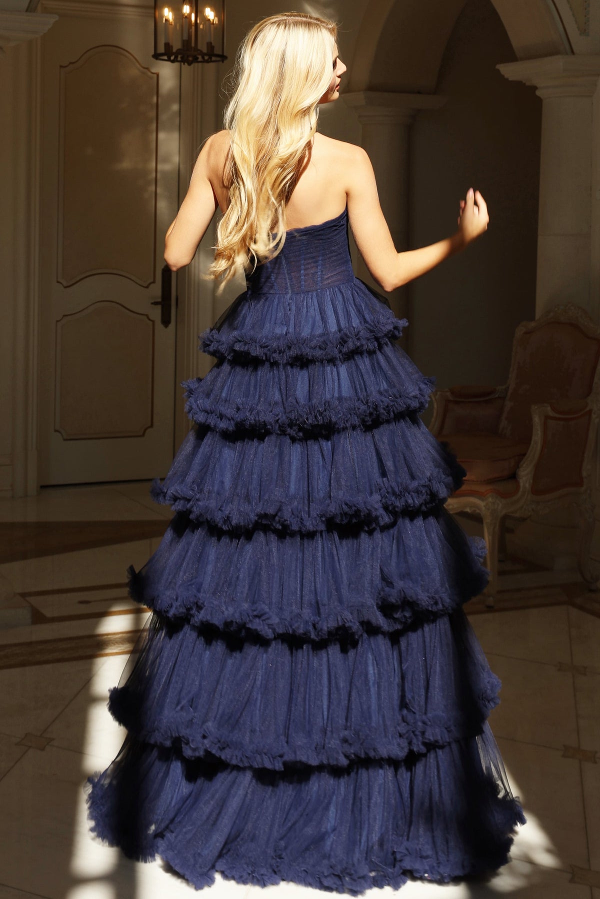 Jovani 47139 Strapless Tiered Ruffle Tulle Ball Gown