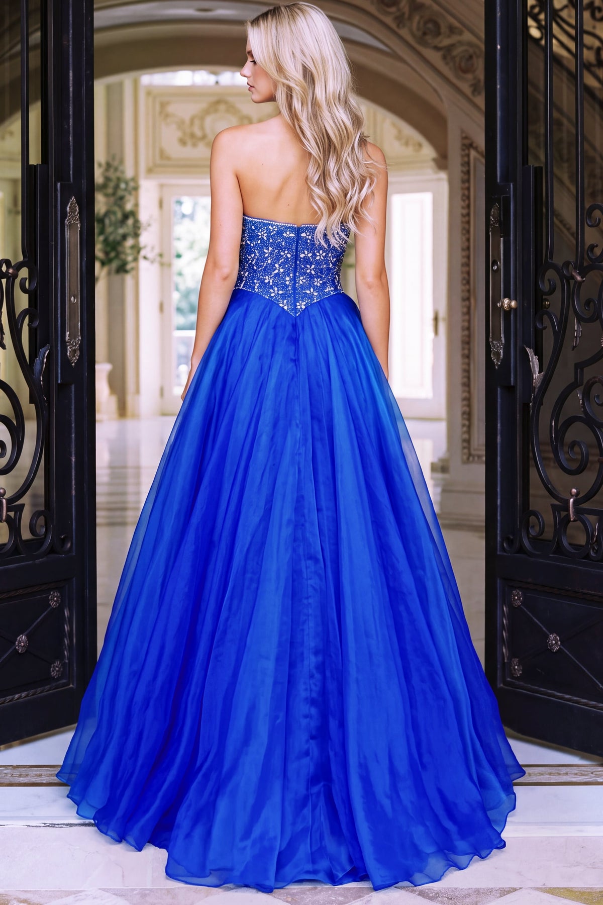 Jovani 47197 Strapless Beaded Ball Gown With Tulle Skirt
