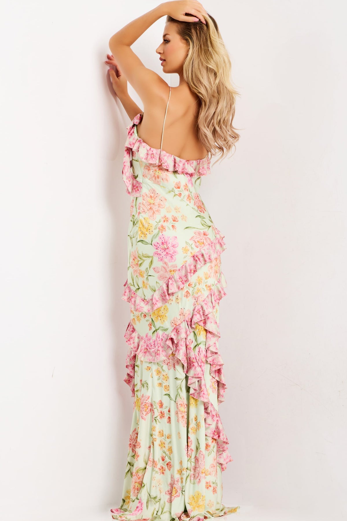 Jovani 47236 Floral Ruffle Print Dress With Bow Strap