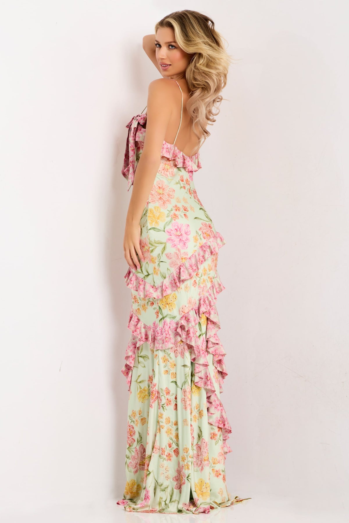 Jovani 47236 Floral Ruffle Print Dress With Bow Strap