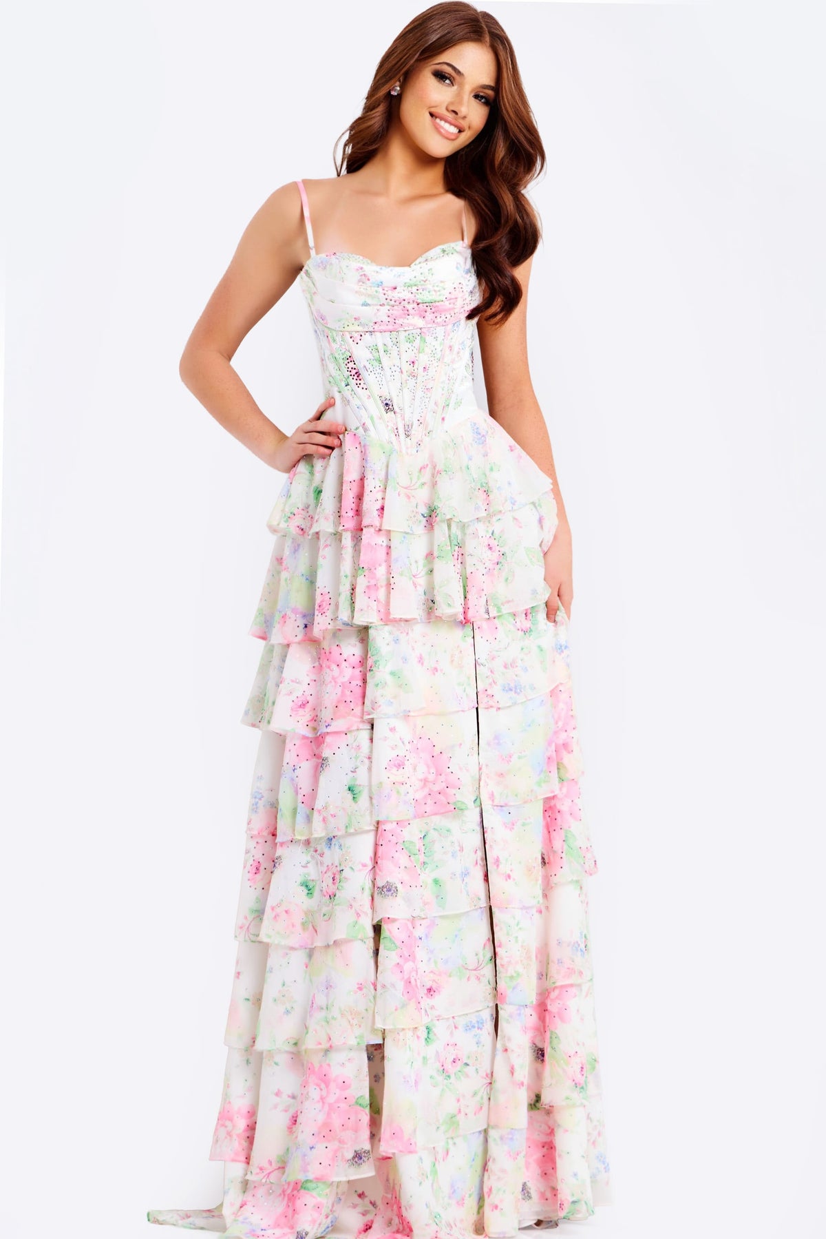 Jovani 47282 Floral Tiered Dress With Corset Bodice