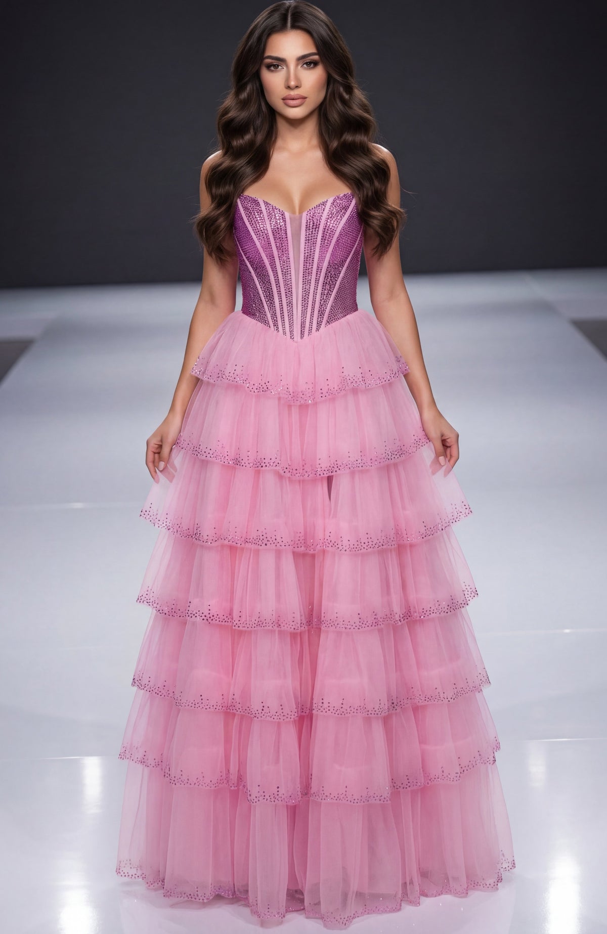 Jovani 47290 Strapless Tiered Dress With Sequin Corset Bodice