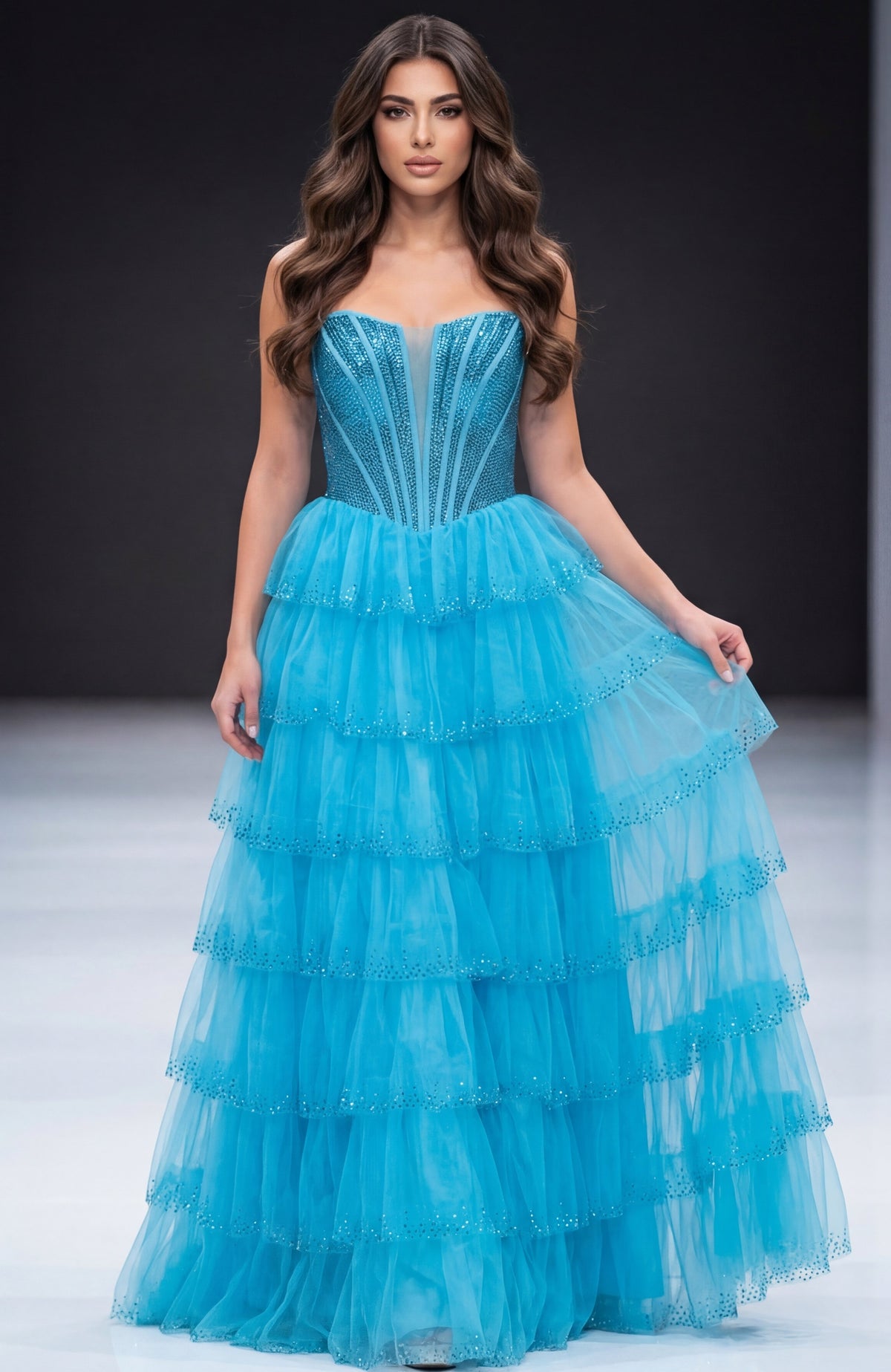 Jovani 47290 Strapless Tiered Dress With Sequin Corset Bodice