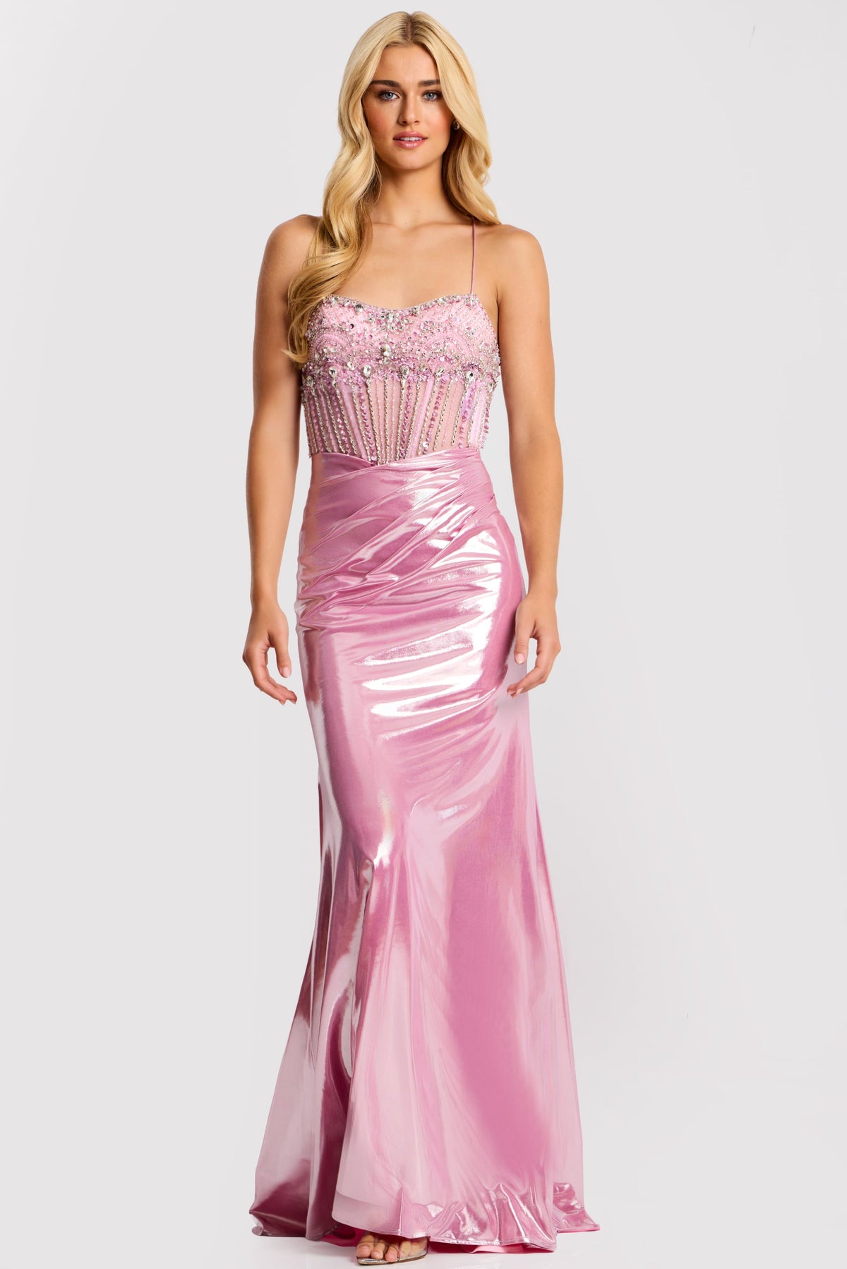 Jovani 47325 Sheer Beaded Bodice with Lace Up Open Back