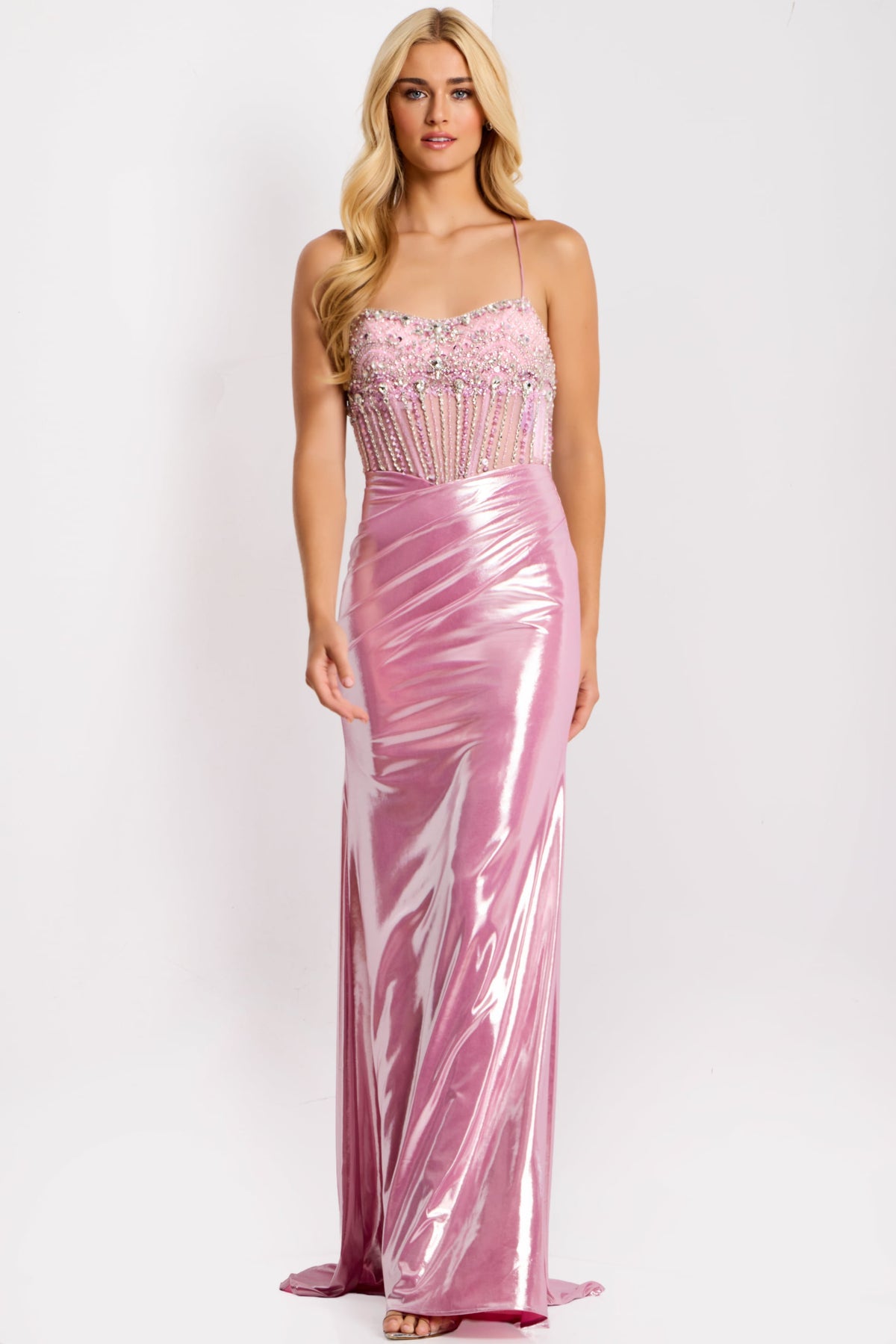 Jovani 47325 Sheer Beaded Bodice with Lace Up Open Back