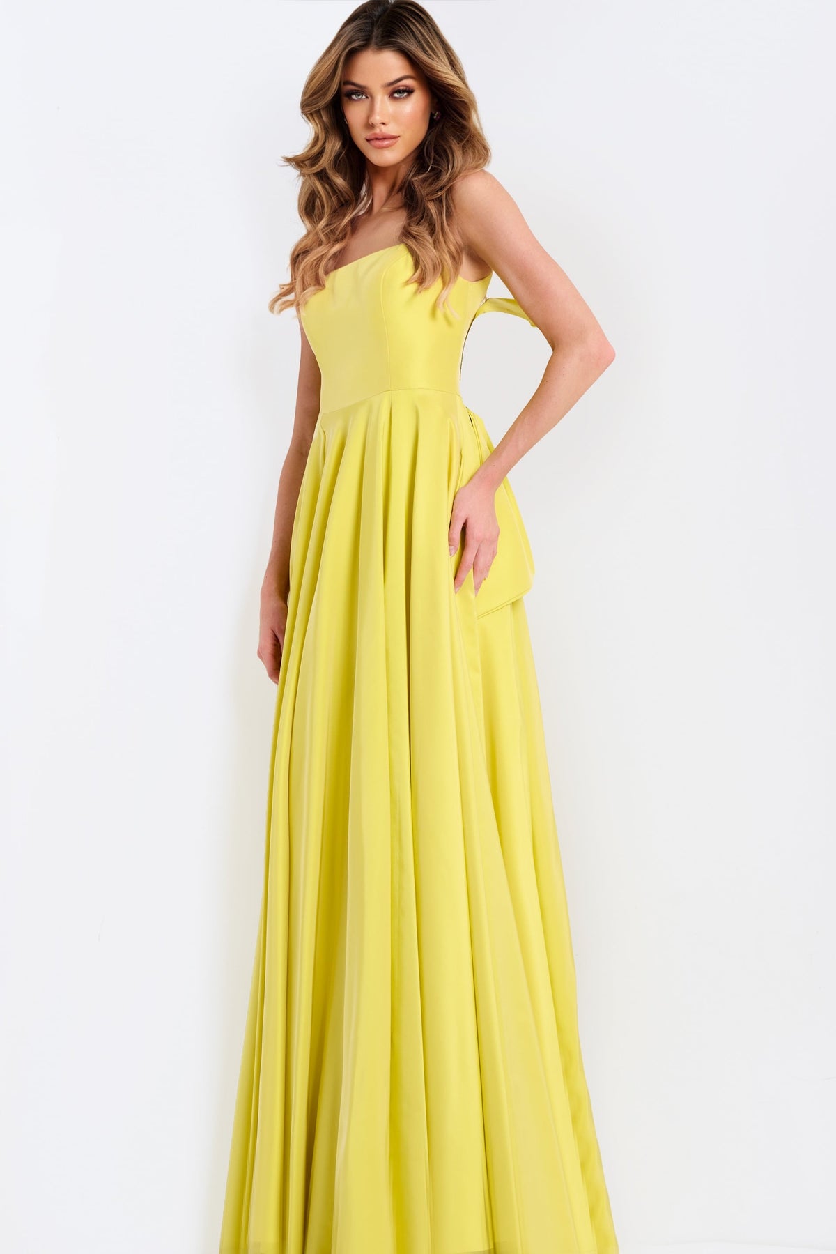 Jovani 47496 Yellow A-Line Prom Dress With Bow Back