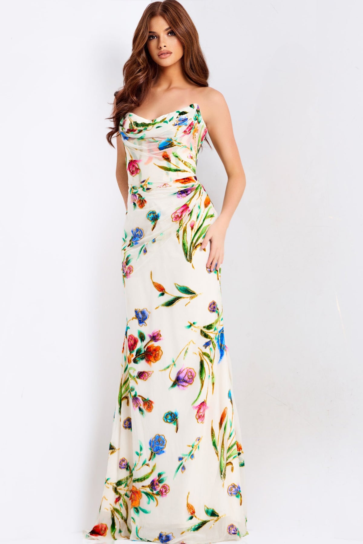 Jovani 47626 Floral Print Prom Dress With Cowl Neck
