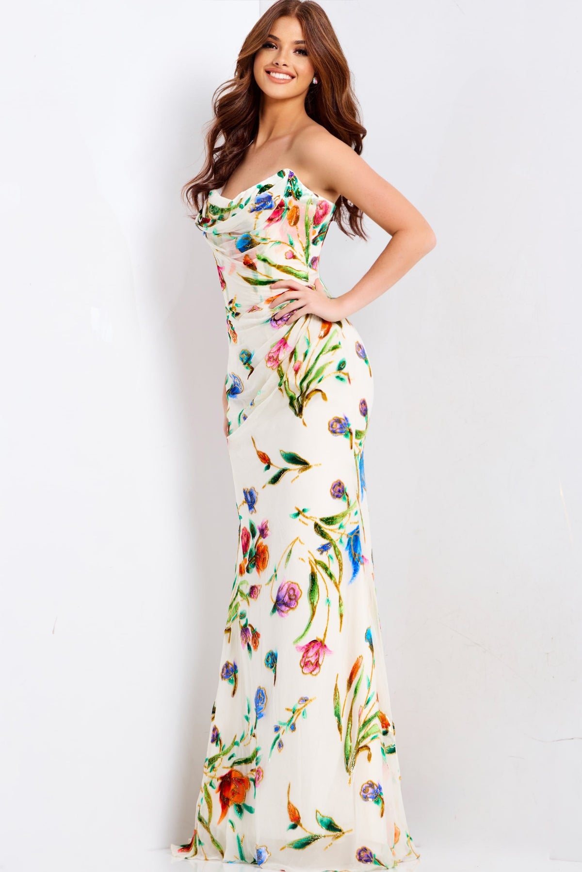 Jovani 47626 Floral Print Prom Dress With Cowl Neck