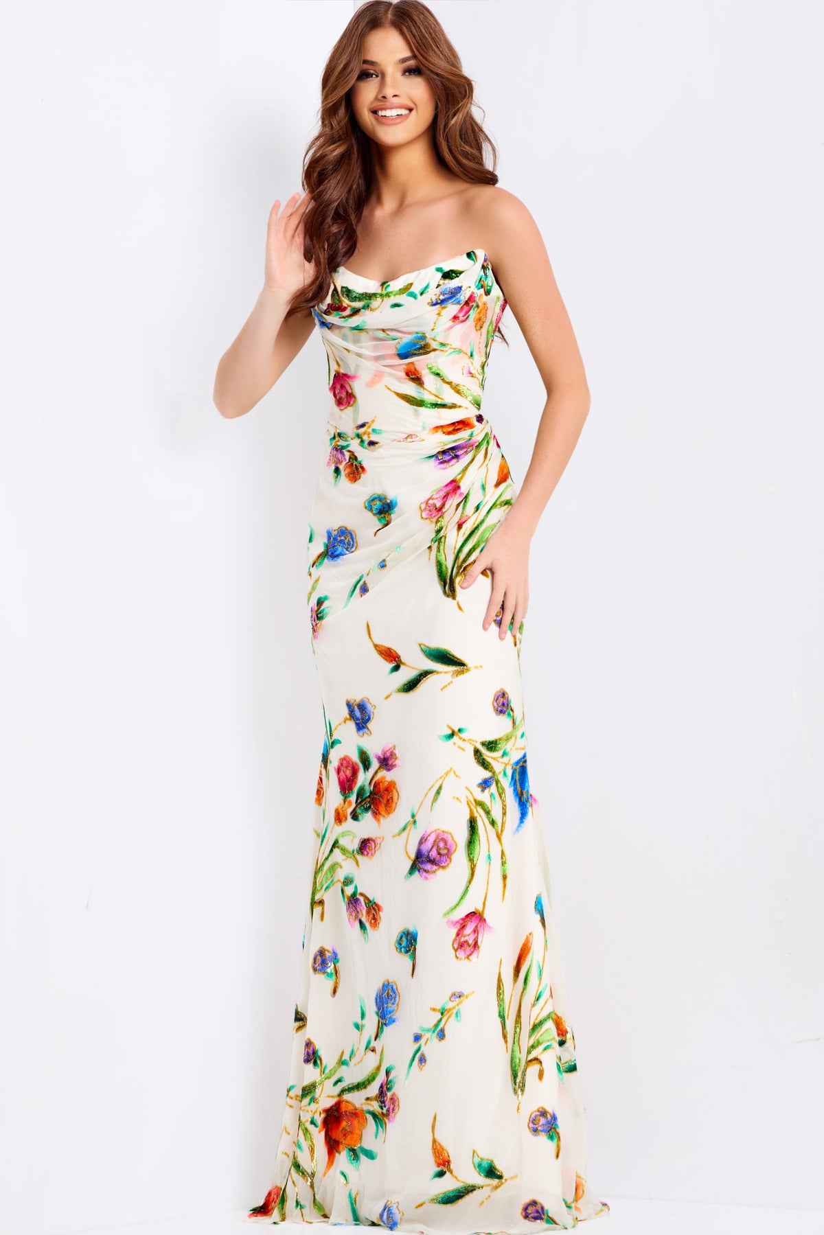 Jovani 47626 Floral Print Prom Dress With Cowl Neck