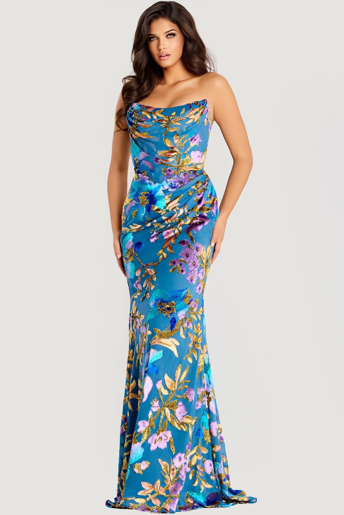 Jovani 47654 Floral Sequin Gown With Draped Bodice