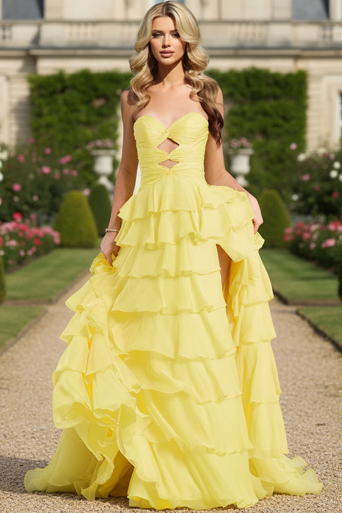 Jovani 47743 Strapless Tiered Ruffle Gown with Knotted Bodice