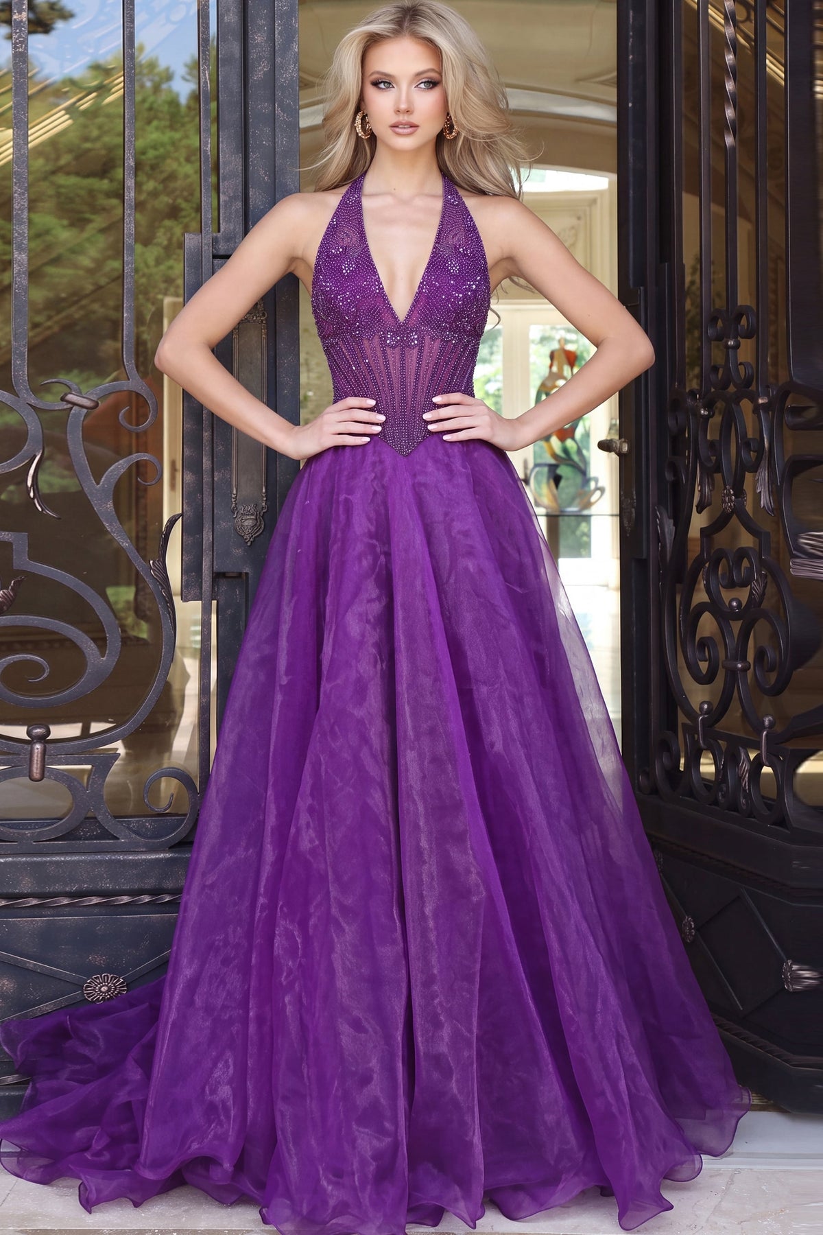 Jovani 47806 Halter V Neck Beaded Corset Bodice Ball Gown