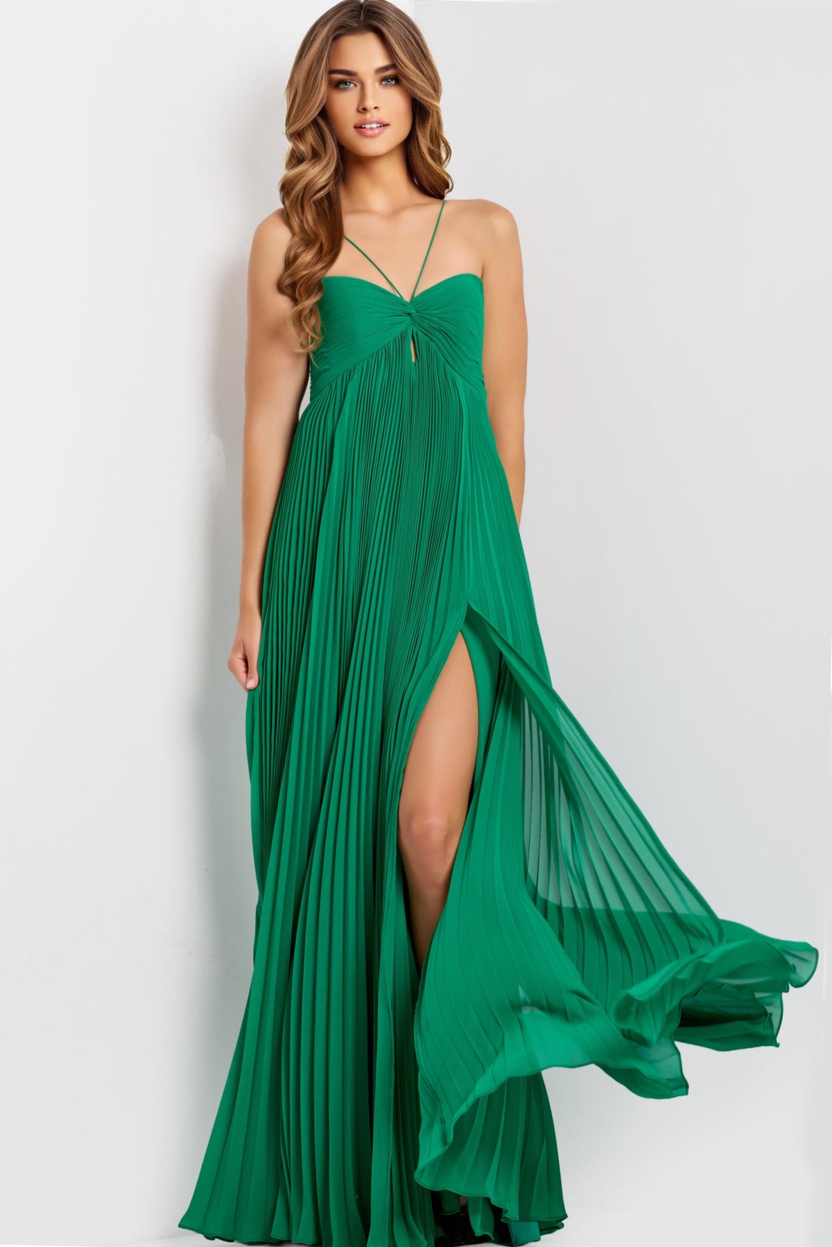 Jovani 47820 Pleated Chiffon Gown With Slit and Spaghetti Straps