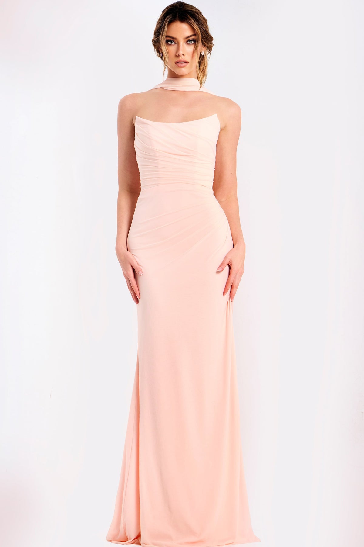 Jovani 47874 Strapless Dress with Ruched Bodice and Scarf