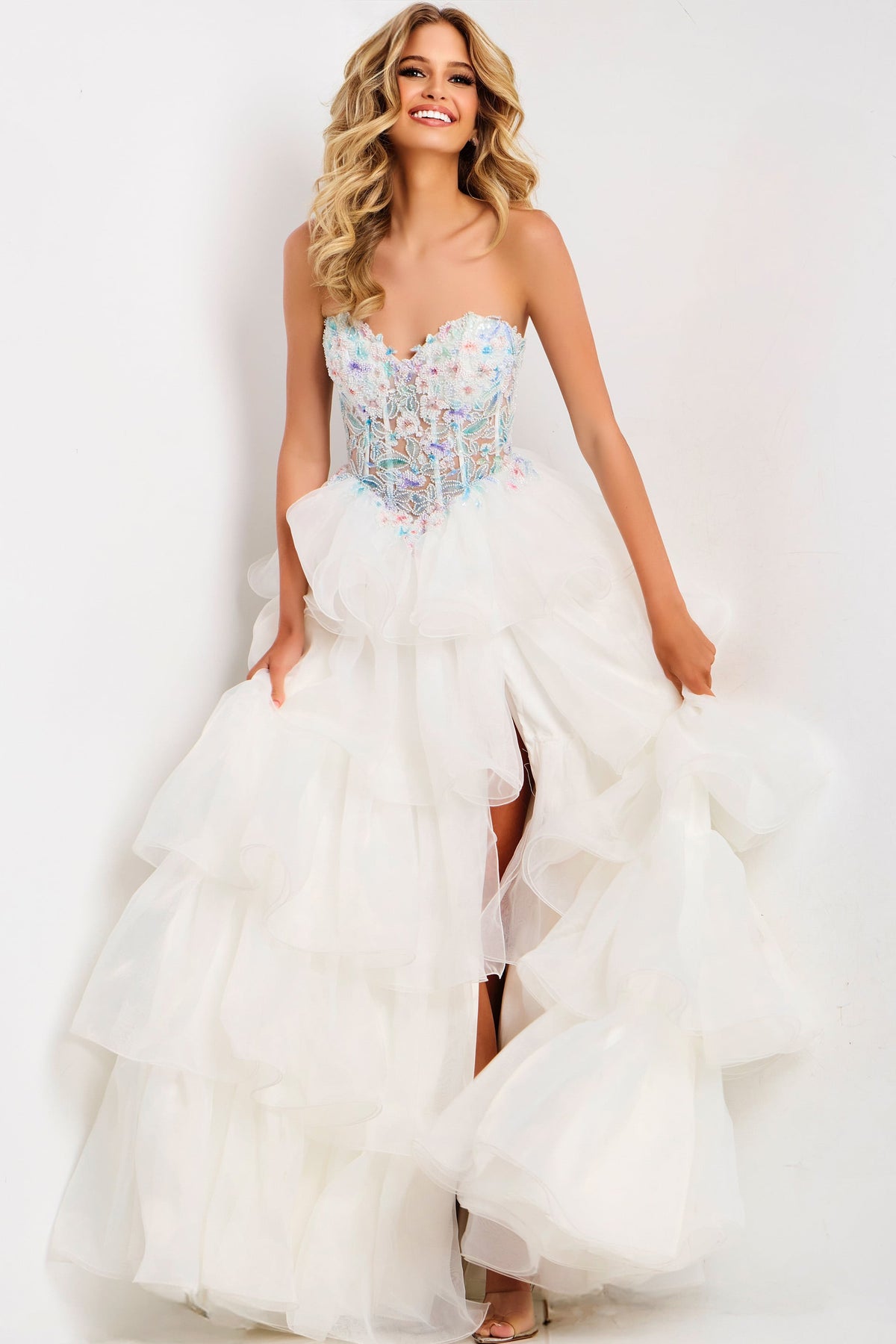 Jovani 48177 Tiered Ruffle Dress With Floral Beaded Corset