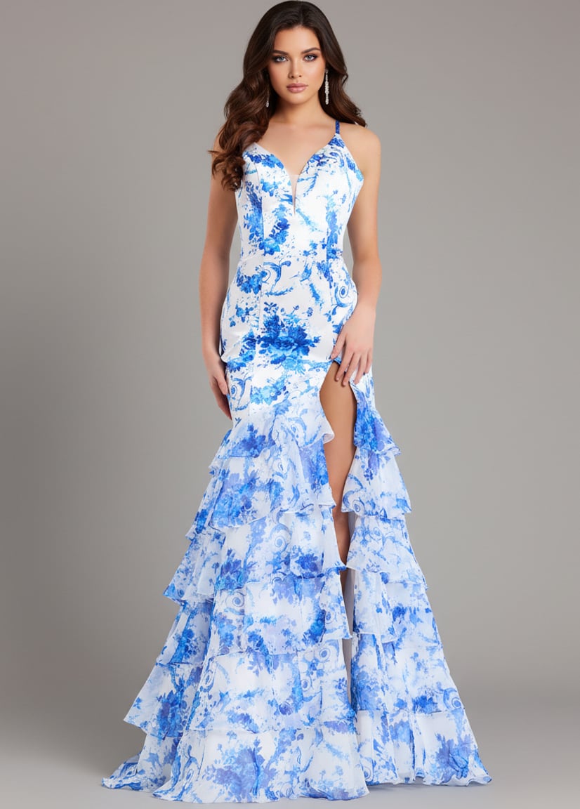 Jovani 48331 Floral Print Gown with Tiered Ruffle Skirt