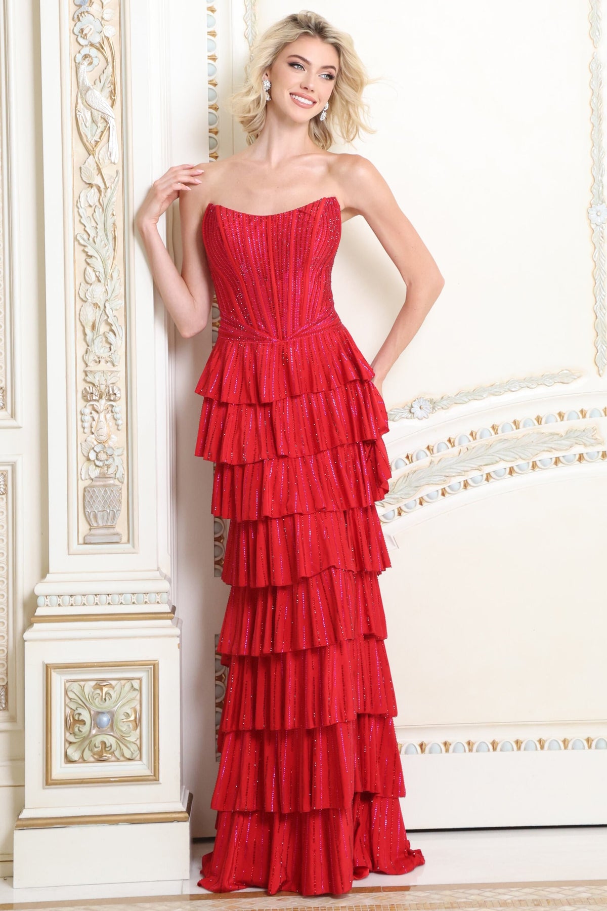 Jovani 48433 Strapless Corset Bodice Tiered Ruffle Shimmer Gown