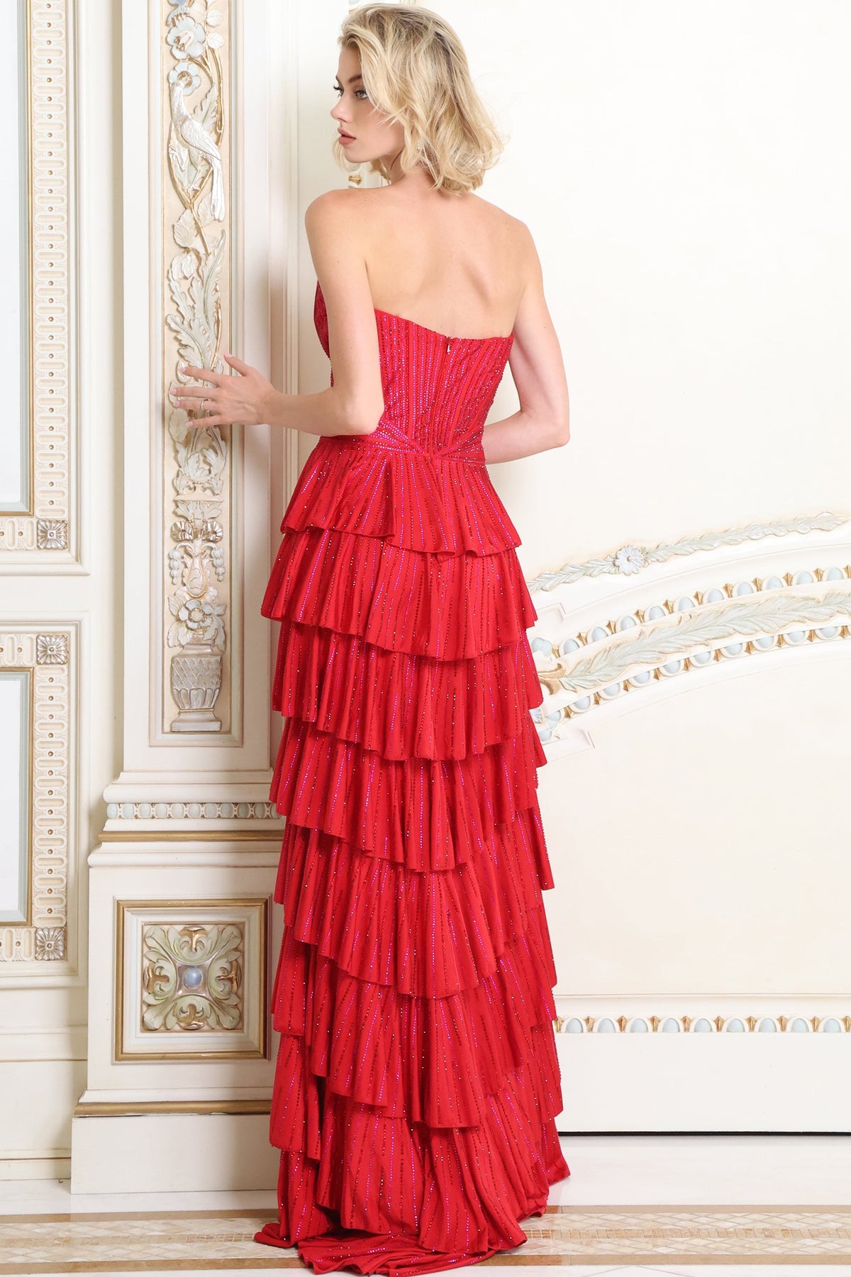 Jovani 48433 Strapless Corset Bodice Tiered Ruffle Shimmer Gown