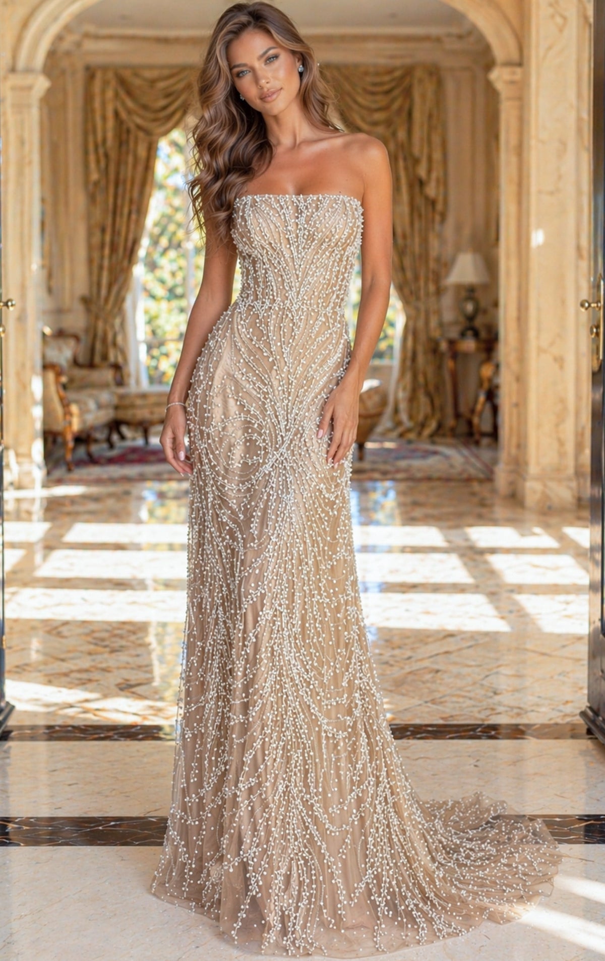 Jovani 48474 Strapless Beaded Flowy Gown With Sheer Texture