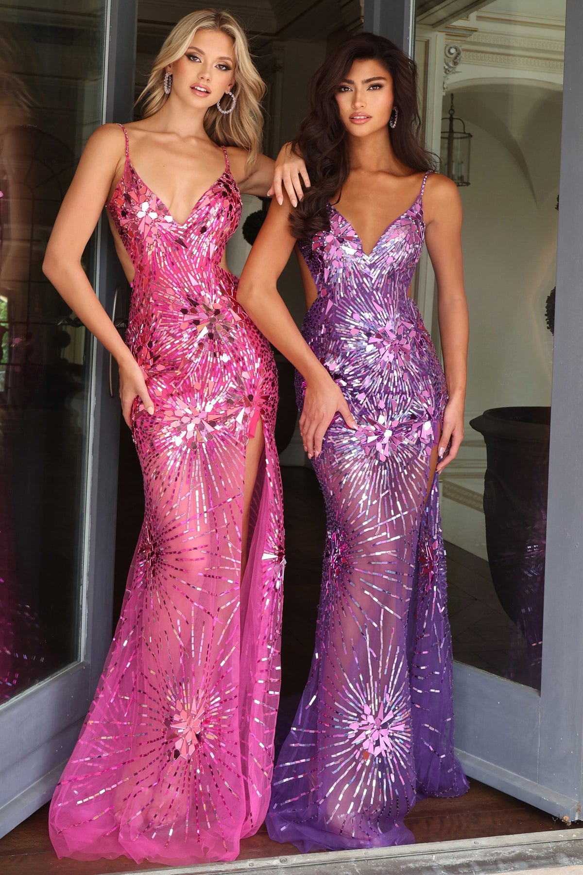 Jovani 48502 Sequin Sheer Fitted Dress with Side Cutouts