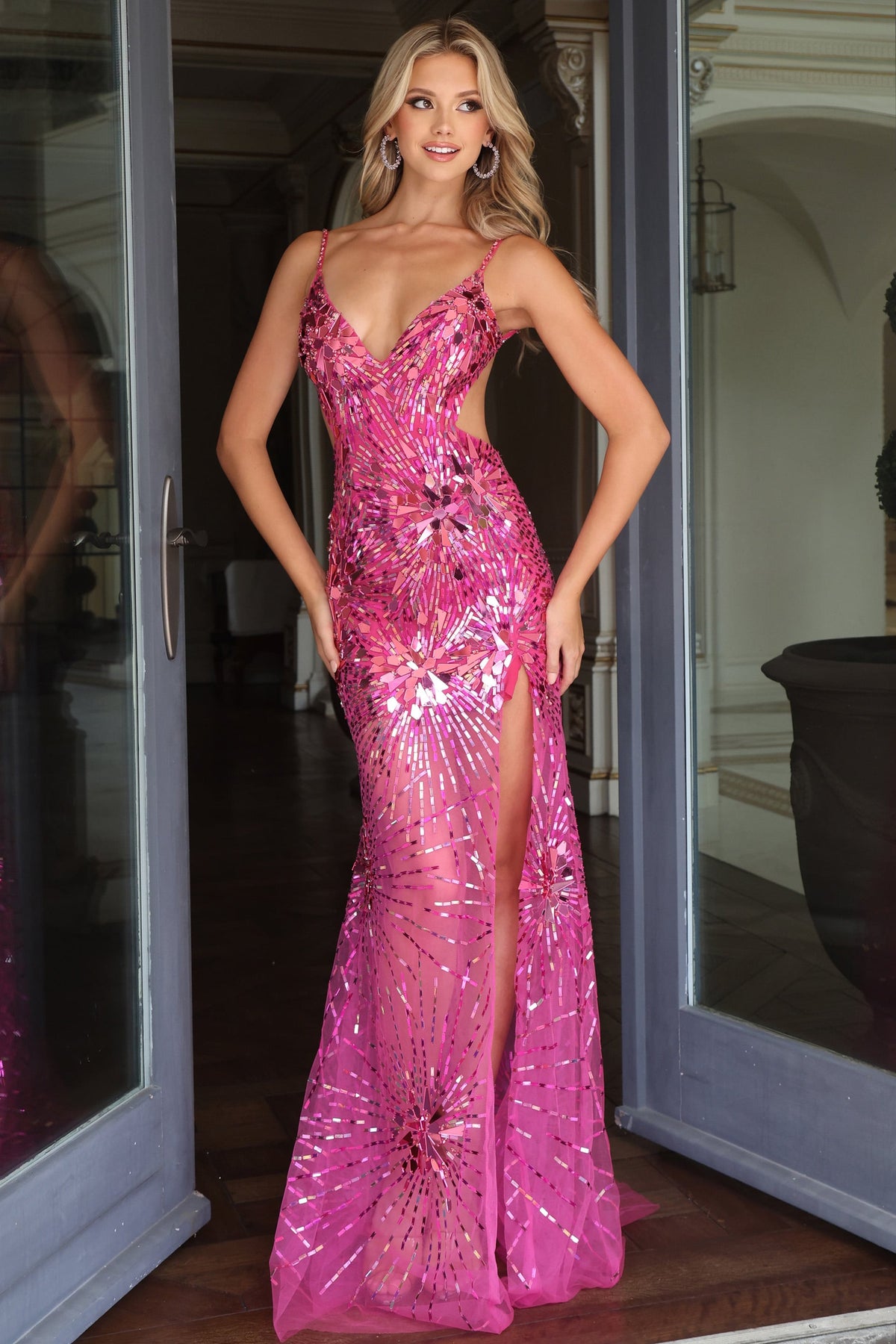 Jovani 48502 Sequin Sheer Fitted Dress with Side Cutouts