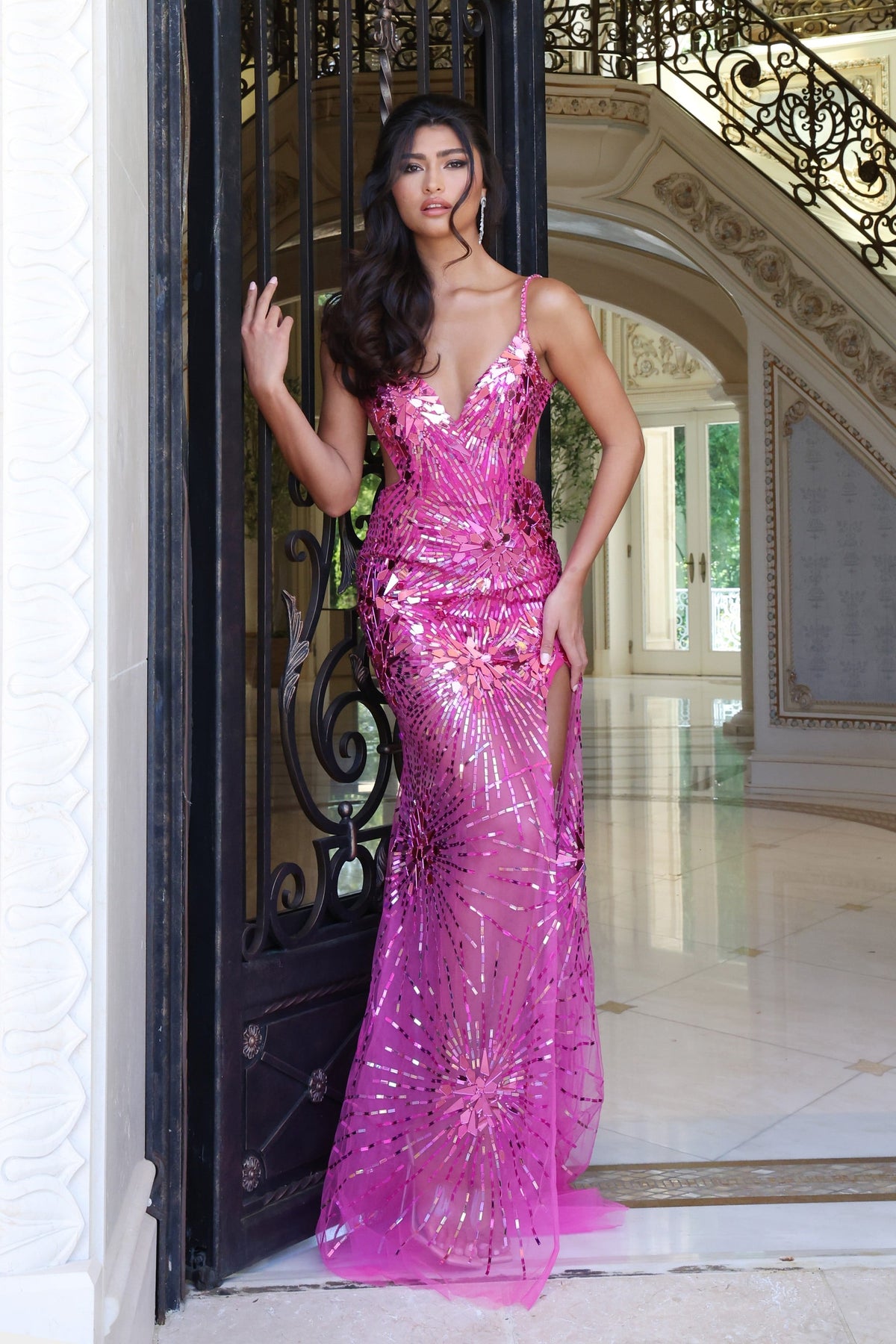 Jovani 48502 Sequin Sheer Fitted Dress with Side Cutouts